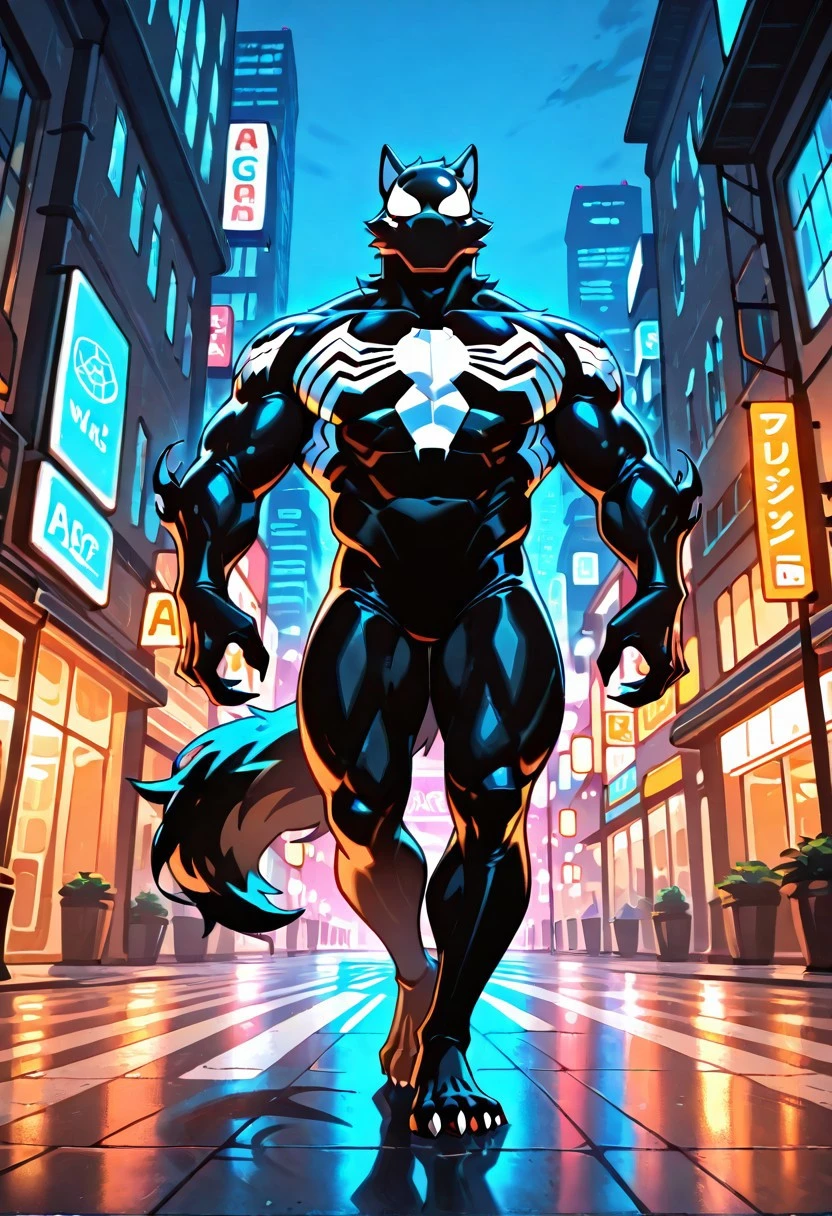 tasspidersymbIL/(marvel)/, symbiote, bodysuit, blacksuit, mask, spiderprint, whiteprint, muscular, 1boy, solo,
ArgoIL, solo, male, anthro, wolf, muscular, bara, claws, paws,
front view,
4k, best quality, highly detailed, lights details, high resolution, high quality, perfect quality
masterpiece, best quality, amazing quality, very aesthetic, highres, absurdres
night, city,
4k, best quality, highly detailed, lights details, high resolution, high quality, perfect quality, vivid color, vibrant, highly detailed,