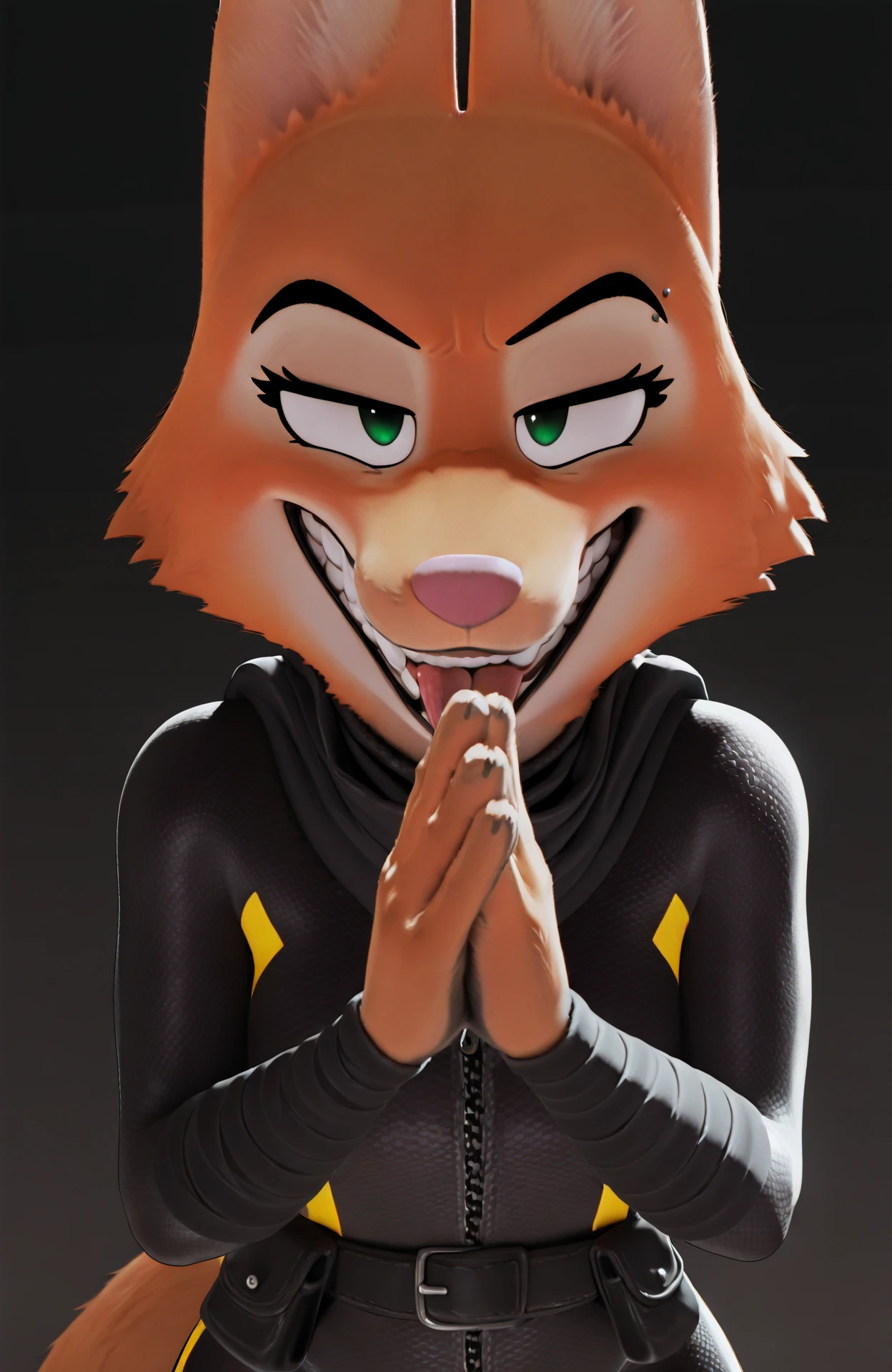 masterpiece, best quality, newest, absurdres, lazypos, solo
Diane_F, fox tail, green eyes, orange fur, pink nose, eyebrow piercing, black bodysuit with yellow trim, belt, rubbing hands together, evil smile, tongue out, evil grin <lora:rubbing_hands_together_with_evil_smile_2:1>
<lora:diane_foxington_ilv2:0.9>