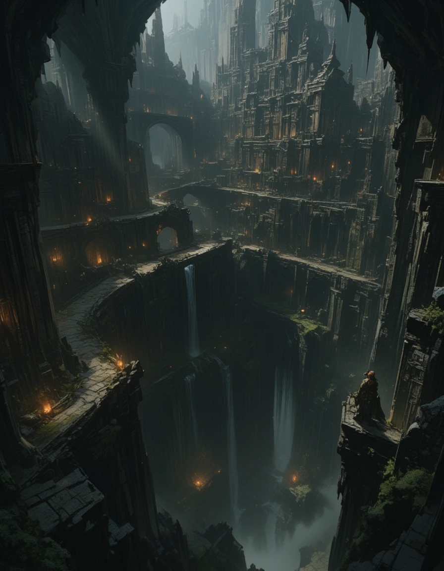 <lora:MW_Dwarven_p1flux:1> MWD01D, masterpiece, absurdres, 8k, insanely detailed, sharp focus, pitch black, very dark, dwarven city, in a huge dark underground carvern, old sinuous paths over foggy precipice, carved rocky walls, waterfalls, a few faint torches, above the shoulder view, worn dusty statue of an old dwarf warrior on the side, ancient carved dwarven architecture merged in the rocky cavern walls, dusty, lost forgotten ambiance, moss,