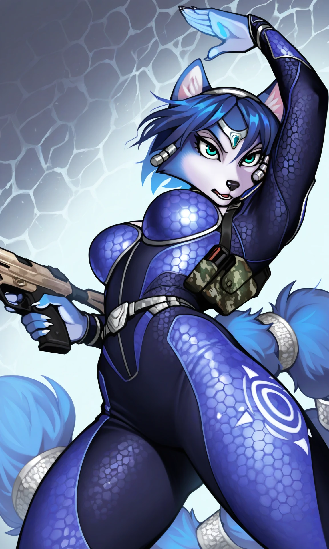 1girl, fox furry, High resolution, High quality, Ultra-detailed, , Beautyful patterns,,, dynamic pose, foreshortening, extreme perspective, ,stance, , patterns, bodysuit, boobs, tail ring, thicc thighs,stance, attacking ,cowboy shot , camo, tactical harness,tail ring, holding gun , helmet, blue fur, blue hair, Krystal, teal eyes, armor
