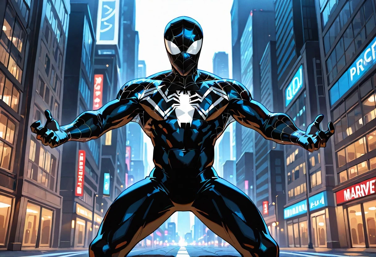 Spectacularsymb_spider/(marvel)IL, , blacksuit, mask, spiderprint, muscular, 1boy, solo, muscular,
front view,
masterpiece, best quality, amazing quality, very aesthetic, highres, absurdres
night, city,
4k, best quality, highly detailed, lights details, high resolution, high quality, perfect quality, vivid color, vibrant, highly detailed,