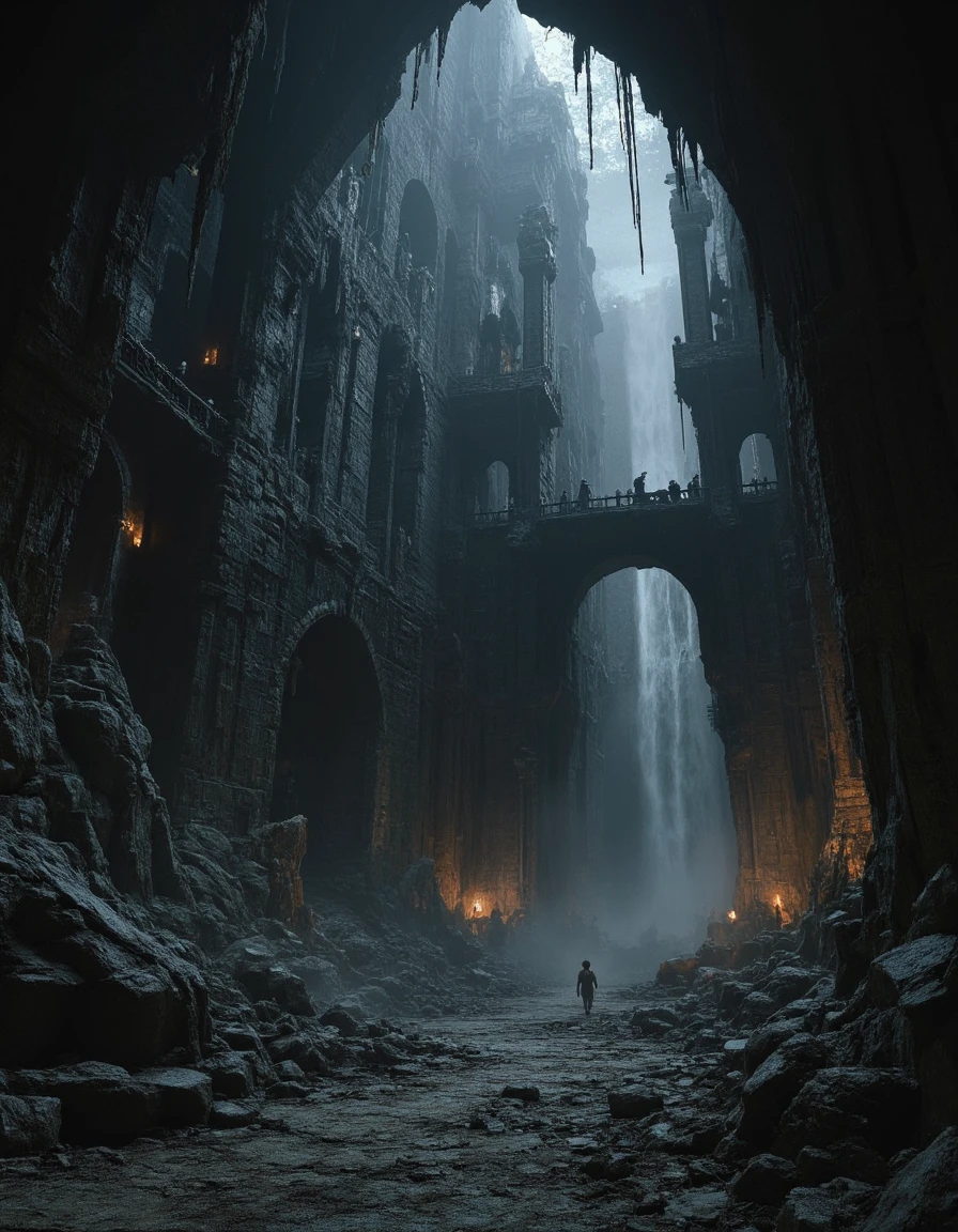 <lora:MW_Dwarven_p1flux:1> MWD01D, masterpiece, absurdres, 8k, insanely detailed, sharp focus, pitch black, very dark, dwarven city, in a huge dark underground carvern, old bridges, old worn dusty stone path, cracked rocky walls, distant waterfall, faint torches, low angle view, ancient rocky dwarven architecture, dusty, foggy very high ceiling, lost forgotten ambiance, dwarfs walking in the mist, numerous rocks of various shapes and size on each side, lots of mist, multi levels,