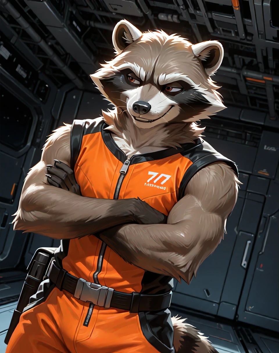 BREAK: very awe, aesthetically pleasing, masterpiece, best quality, absurd details, in'ei, natural shading, soft shading, flat color shading,
<lora:RocketRaccoonOrange_(Marvel_Comics)_(Illustrious)_(AD):1> RocketRaccoonOrange, muscular, orange,
exterior, spaceport, simple anime background, simple ceiling, dark background,
BREAK:
dutch angle, solo, ((dynamic action, dynamic expression, ):1.15), standing, cowboy shot, (( arms crossed, ):1.25),
((
no humans, male focus, soft glow, raccoon anthro, orange outfit, smirk, (( )),
male physique, strongman , perfect proportions,
)),
BREAK: lazypos (4),