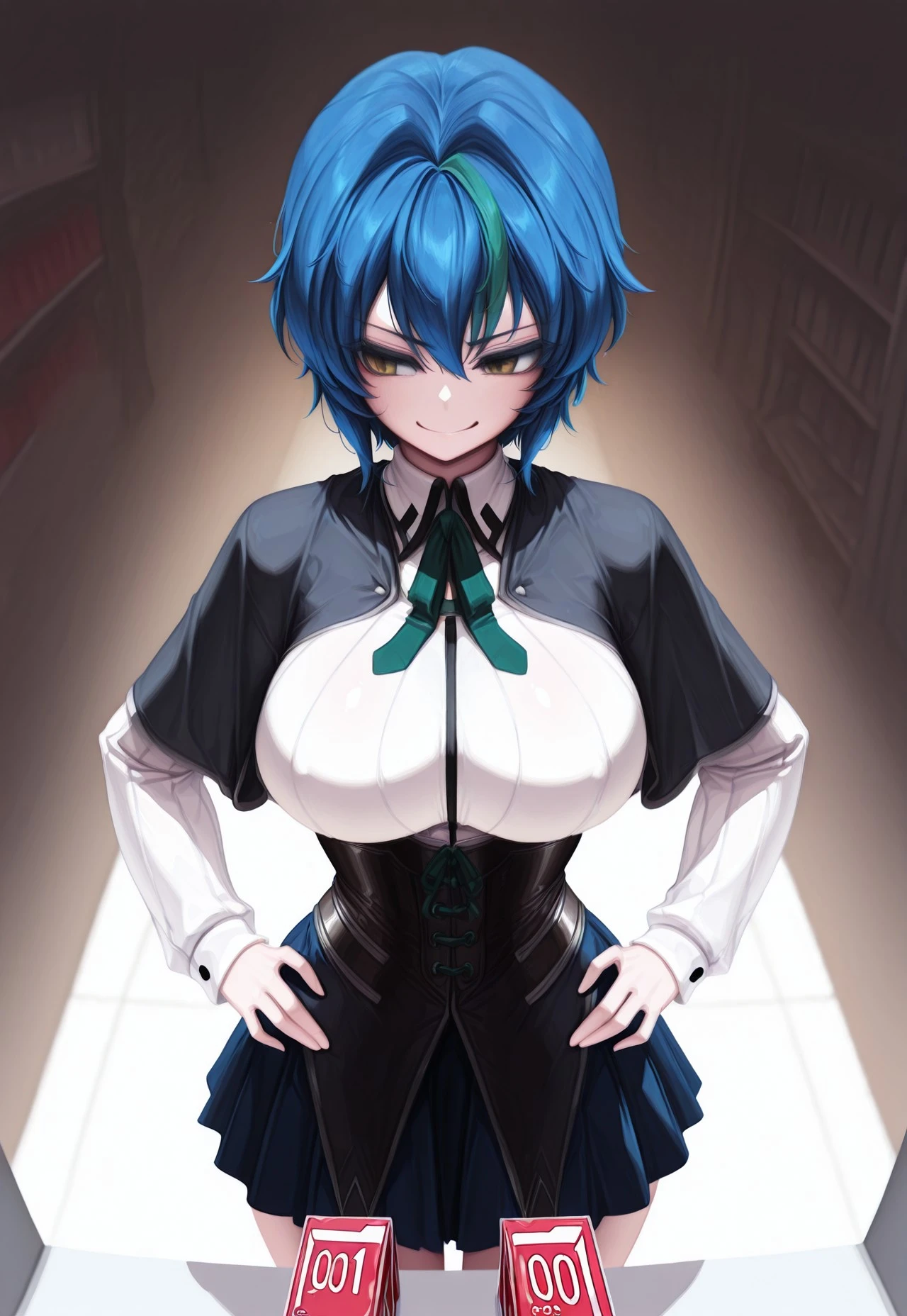 masterpiece, very aesthetic, absurdres, sinfully stylish, dramatic lighting, soft light, long shadows, detailed, ultra-detailed, masterpiece, very aesthetic, absurdres, perfect quality, absolutely eye-catching, best quality, intricate details, high-res,anime, IllusP0s IllusN3g, Letdie_style, 1girl, solo, yellow eyes, blue hair, green streaked hair, multicolored hair, short hair, buying condoms, convenience store, smirk, proud look, hands on hip, (Kuoh_Outfit), pleated skirt, capelet, black capelet, corset, black corset, white shirt, long sleeves , 