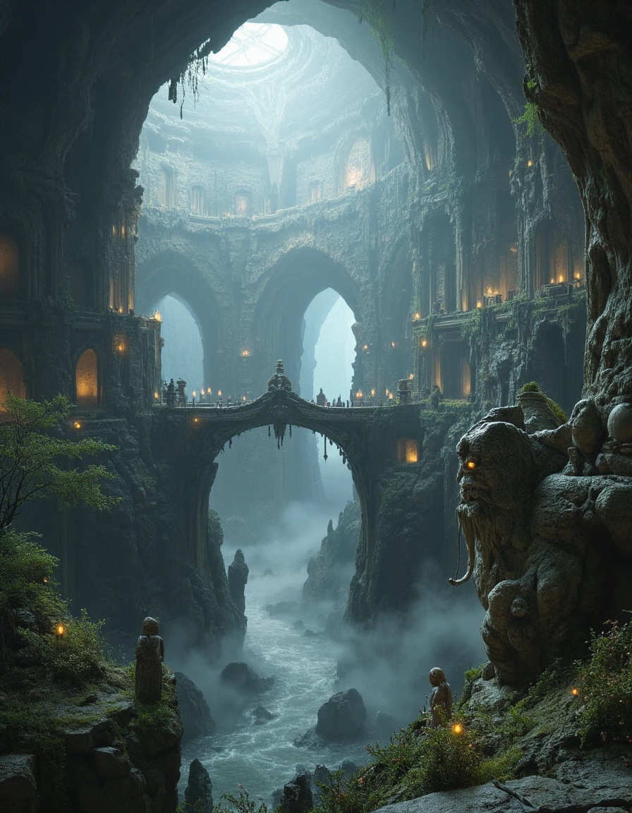 <lora:MW_Dwarven_p1flux:1> MWD01D, foggy very high ceiling, tranquil, 8k, lost forgotten moisty ambiance, old bridges over a foggy precipice, underground river, gold, organic, worn dusty statue of an old dwarf warrior on the side, shiny diamonds, worn dusty statues of old dwarf warriors ancient carved dwarven architecture, old worn bridge