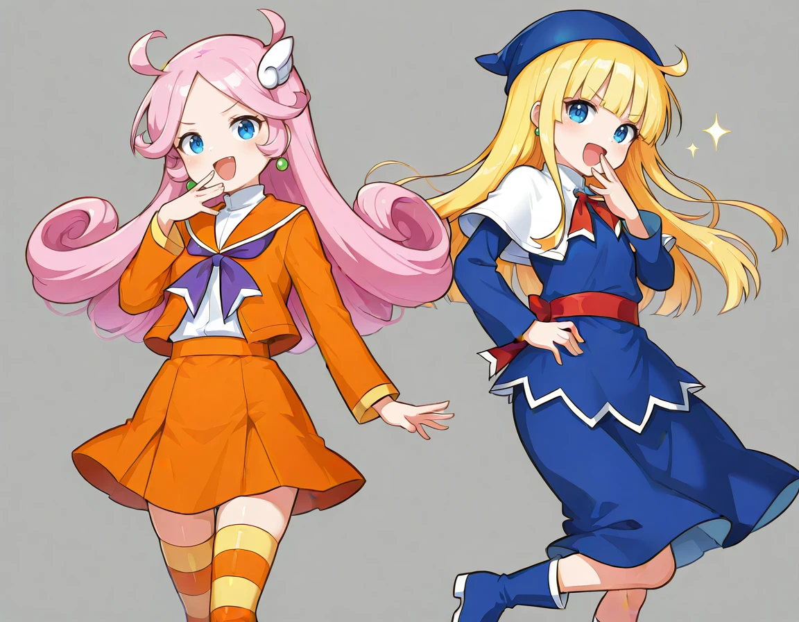 <lora:PRaffina_SDXL_Illustrious11_fp16_ver01:0.8>,PRaffina, pink hair,ahoge,blue eyes,long hair,hair ornament,earrings,orange sailor collar, orange sailor jacket,purple bow,orange skirt, striped thighhighs
<lora:witchPF_SDXL_Illustrious01_fp16_ver01:0.8>,witchPF,blonde hair,blue eyes,long hair,blunt bangs,ahoge,blue hat, dress,red sash, capelet,long sleeves,blue boots,red sash
<lora:ojou-samapose_Illust_v1:0.5>,ojou-sama pose,one eye closed, cowboy shot,masterpiece, higher,highly detailed, absurdres,looking at viewer, 2girls,back-to-back, <lora:detailed_hands:1>,hand