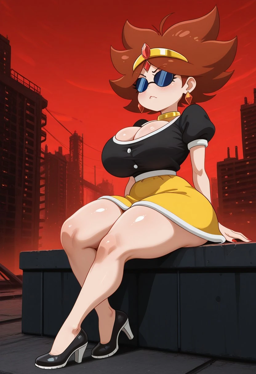 solo female, Eggette, spiky brown hair, dark blue circular sunglasses, cute, yellow tiara with red gem, red earrings, black shirt, white buttons, yellow skirt with red at the end, red nails, black heels, :0, sitting, dark city, red sky, industrial, pollution, skinny, petite, big breasts, curvy, cleavage, thick thighs, (high quality, masterpiece, cinematic lighting, highres, 4K UHD)