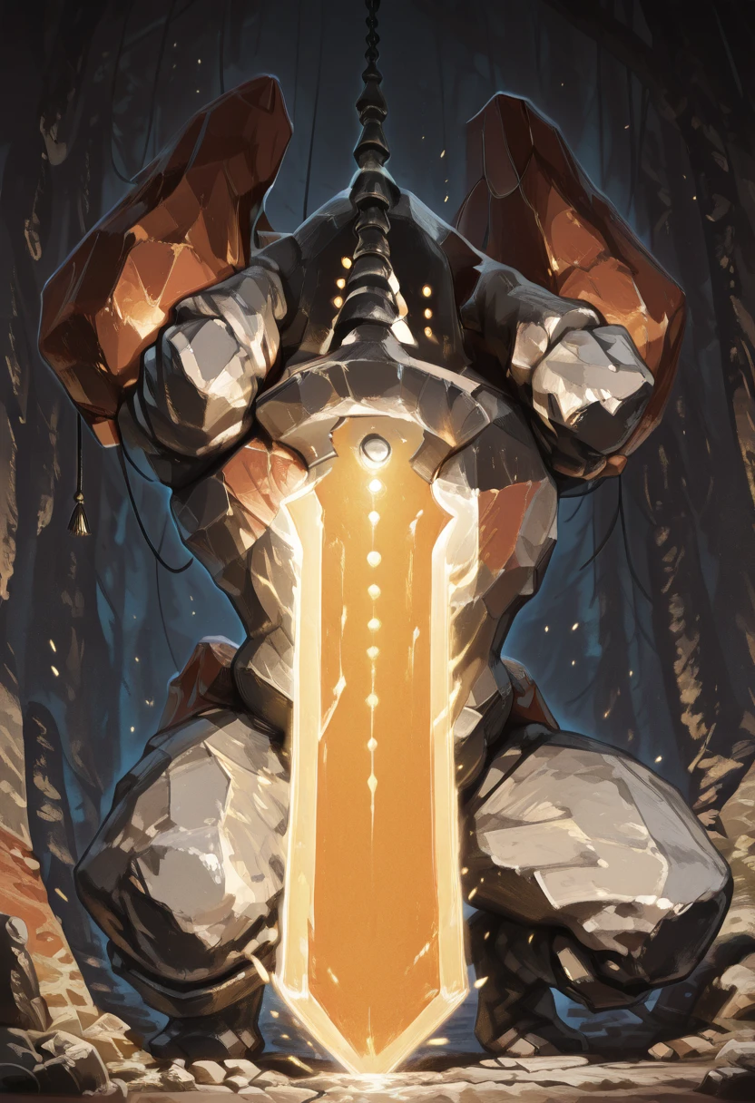 masterpiece, best quality, solo,  <lora:RegirockPokedex_IXL:1.0>, zzRegirock,, solo, looking at viewer, C1tr0nSw0rd, glowing sword, cinematic lighting, rim light, detailed background, depth of field, volumetric lighting,   <lora:EpicSwordStyle_IXL:1.0>,