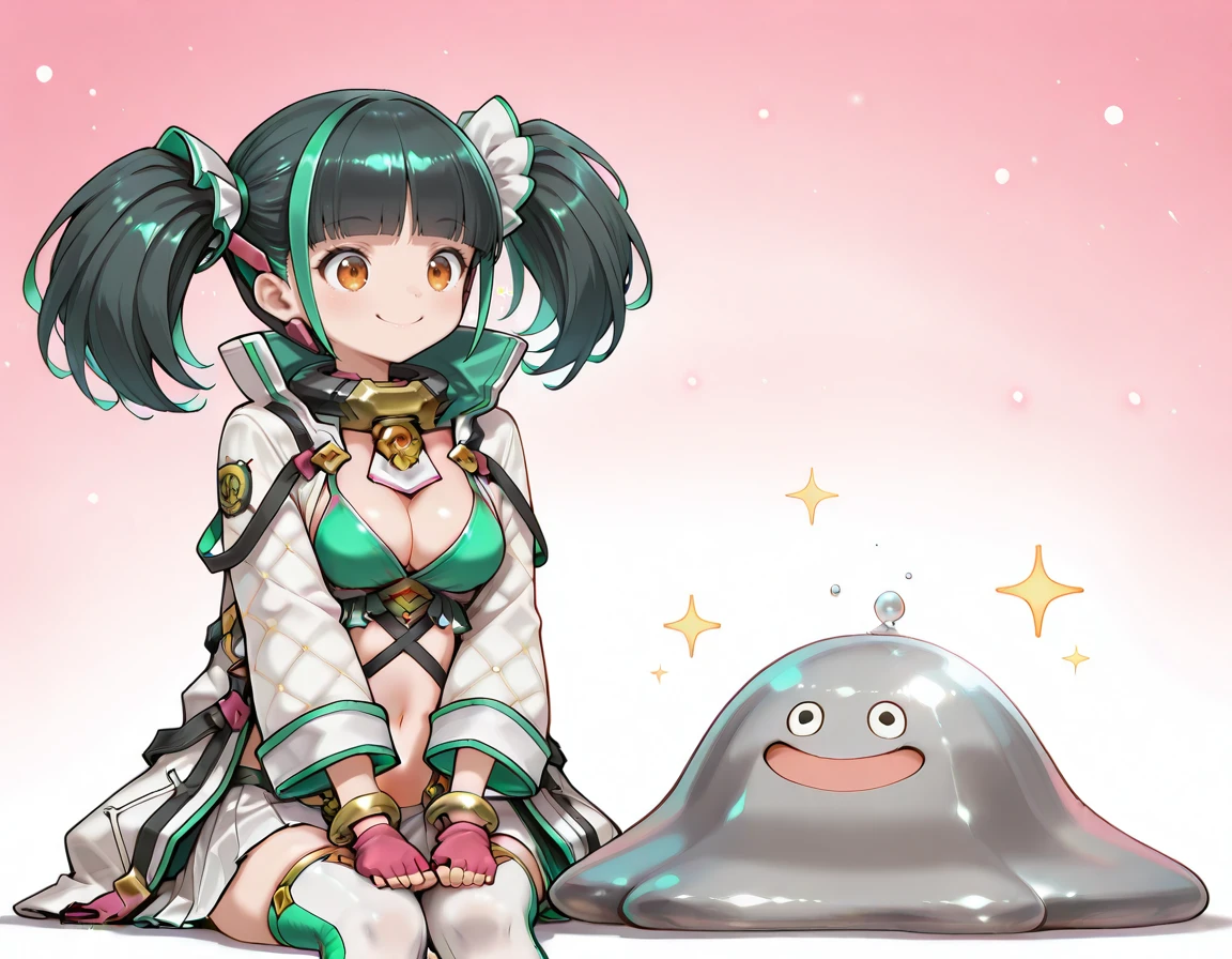 <lora:PadMenoa_SDXL_Illustrious01_fp16_ver03:1>,PadMenoa,2girls,multicolored hair,black hair, green streaked hair,orange eyes,blunt bangs,twintails, hair ornaments,white jacket,open jacket, fingerless pink gloves,bracelet,showgirl skirt,two-tone thighhighs,sitting
<lora:hagurin-ILv2:1>,hagurin,no humans,no_legs,:D,slime \(creature\),sparkle,bubble
masterpiece, best quality, very aesthetic, absurdres,