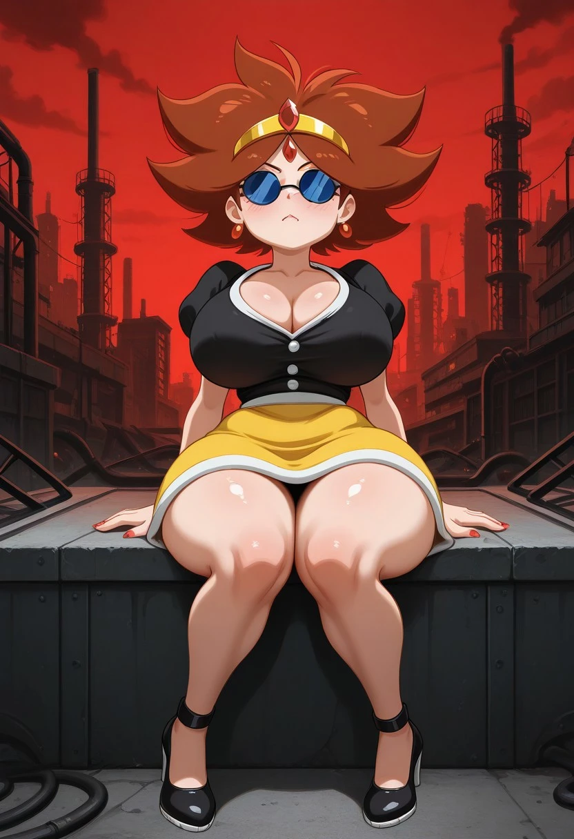 solo female, Eggette, spiky brown hair, dark blue circular sunglasses, cute, yellow tiara with red gem, red earrings, black shirt, white buttons, yellow skirt with red at the end, red nails, black heels, :0, sitting, dark city, red sky, industrial, pollution, skinny, petite, big breasts, curvy, cleavage, thick thighs, (high quality, masterpiece, cinematic lighting, highres, 4K UHD)