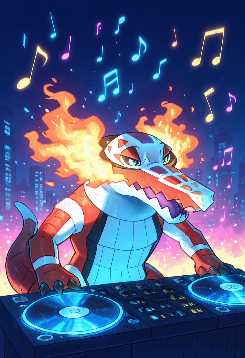 masterpiece, best quality, solo,    zzSkeledirge,  <lora:SkeledirgePokedex_IXL:1.0>,    AdFF, turntable, blue theme, (music notes), <lora:AudioFileFuture_IXL_v1:1.0>