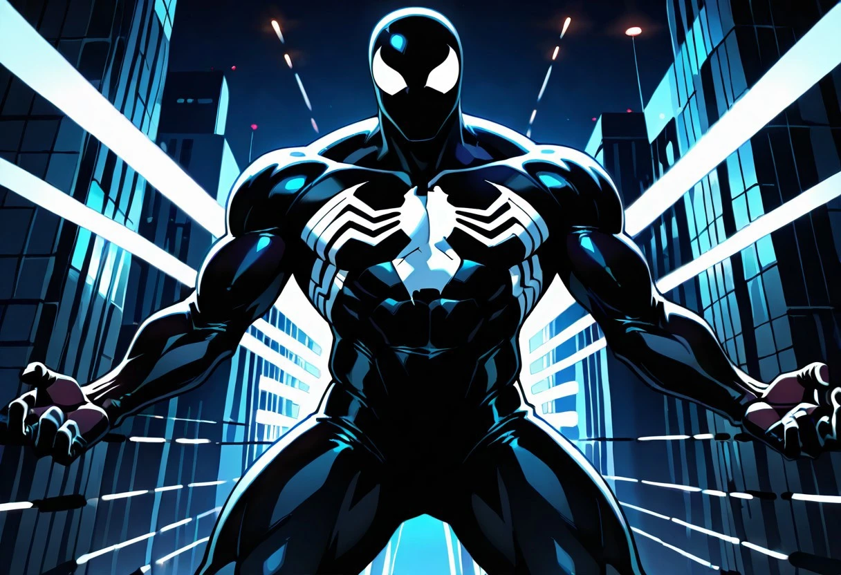 tasspidersymbIL/(marvel)/, symbiote, , blacksuit, mask, spiderprint, whiteprint, muscular, 1boy, solo,
front view,
4k, best quality, highly detailed, lights details, high resolution, high quality, perfect quality
masterpiece, best quality, amazing quality, very aesthetic, highres, absurdres
night, city,
4k, best quality, highly detailed, lights details, high resolution, high quality, perfect quality, vivid color, vibrant, highly detailed,
