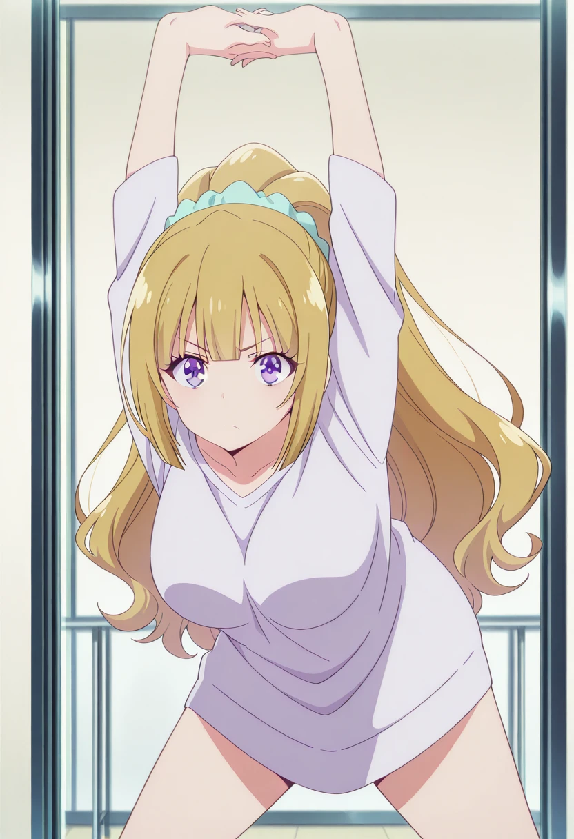 masterpiece, best quality, amazing quality,, <lora:kei-karuizawa-s2-illustriousxl-lora-nochekaiser:1>, kei karuizawa, long hair, bangs, blunt bangs, purple eyes, blonde hair, hair ornament, ponytail, scrunchie, blue scrunchie, mature female, , anime screencap,, <lora:ten-gallon-wiener-illustriousxl-lora-nochekaiser:1>, ten gallon wiener, looking at viewer, standing, arms up, stretching, serious, , upper body, , , solo