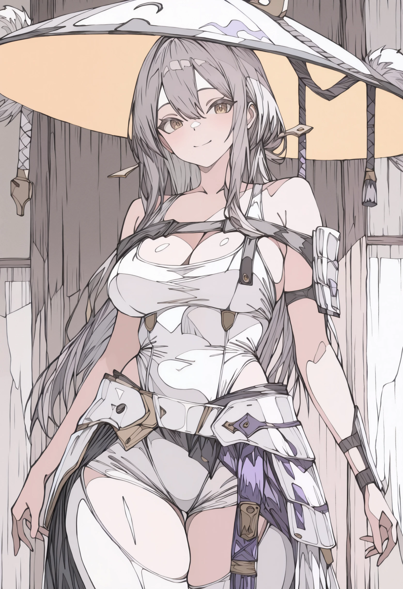 <lora:haruxxxsanekaki-illustriousXL_v01_V3-CAME-000032>, <lora:scarlet-nikke-richy-v1_ixl:0.7>, 1girl, solo, ligne claire, scrltdf, yellow eyes, brown eyes, grey hair, long hair, hair between eyes, sidelocks, hair ornament, jingasa, large hat, hat ornament, chest strap, single shoulder pad, bare shoulders, white leotard, cleavage, large breasts, white armor, japanese armor, faulds, white legwear, hip vent, thigh cutout, japanese clothes, armor, kote, clothing cutout, smile, hat, leotard under clothes, looking at viewer, shorts, breasts, leotard, tassel, hairpin,