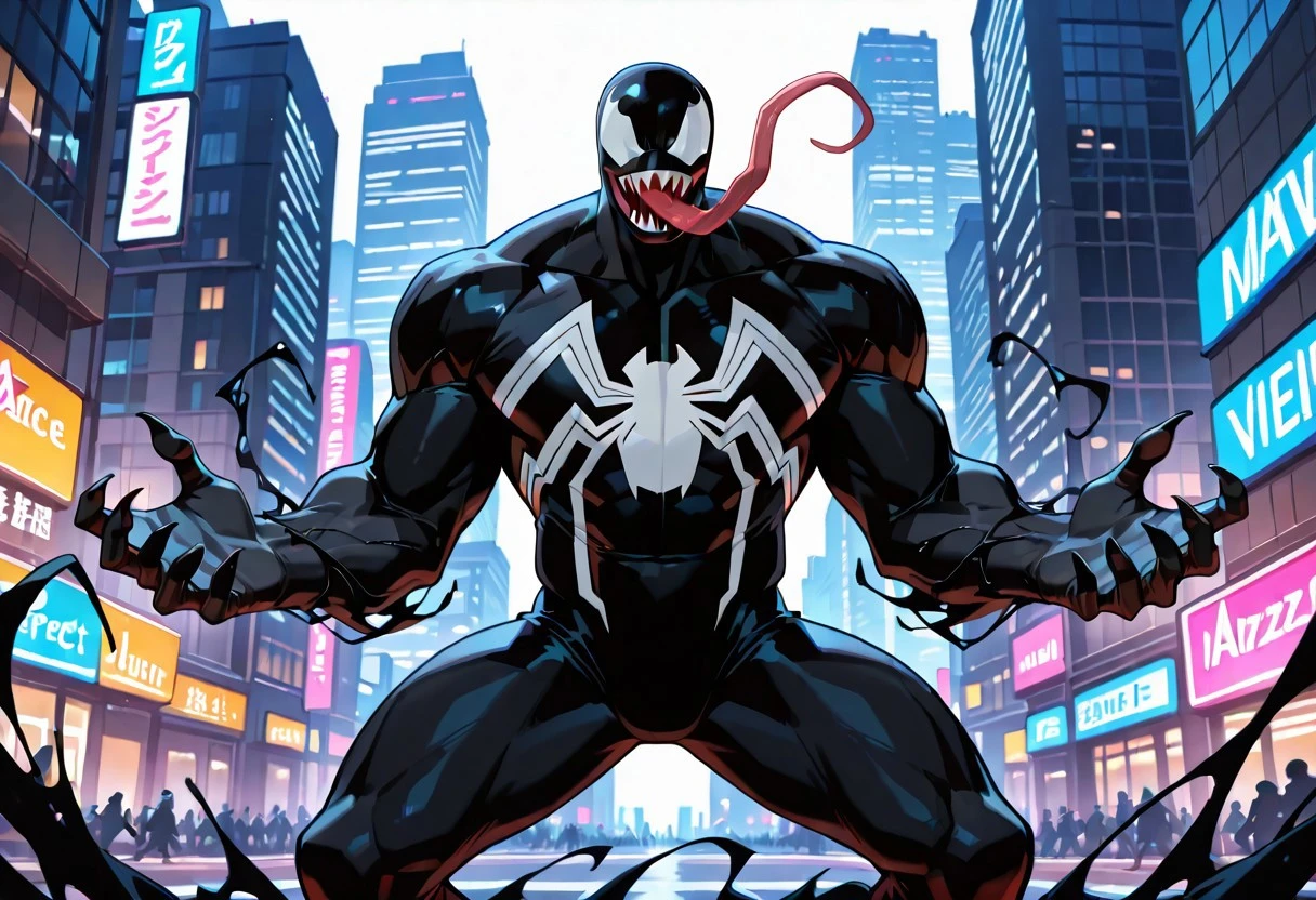 spectacular_venom/(marvel)/IL, , blacksuit, mouth, spiderprint, muscular, 1boy, solo, sharp teeth, monsterboy, long tongue, symbiote,
front view, superhero pose,
masterpiece, best quality, amazing quality, very aesthetic, highres, absurdres
night, city,
4k, best quality, highly detailed, lights details, high resolution, high quality, perfect quality, vivid color, vibrant, highly detailed,