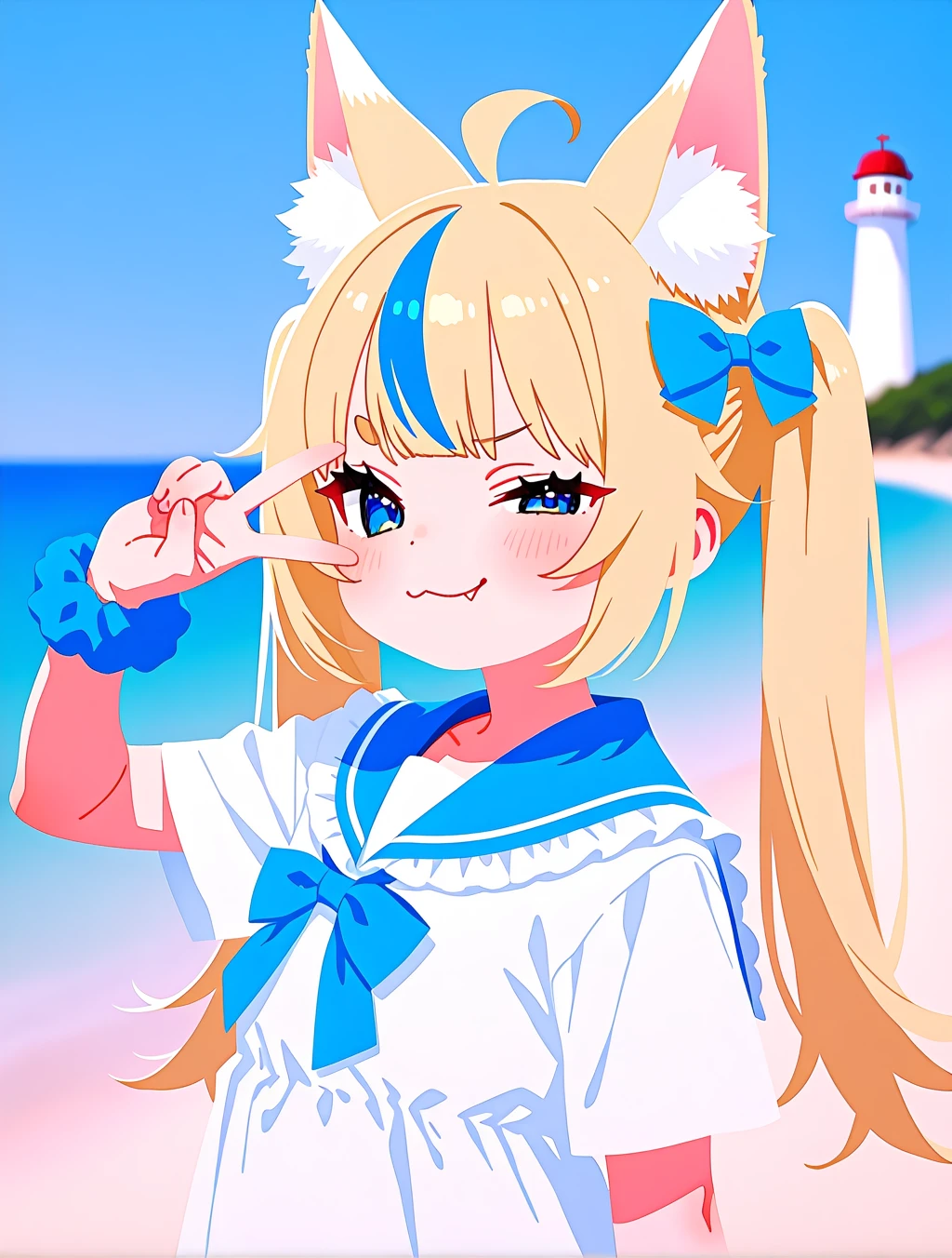 flat color, no lineart, sameko saba, indie virtual youtuber, 
artist:[juffles|ponsuke kaikai|hara id 21|takarai shunsuke],
1girl, streaked hair, blue eyes, uneven eyes, smug, closed mouth, hair bow, blue hair, animal ear fluff, ahoge, long hair, blonde,blue bow, blue sailor collar, wrist scrunchie, looking at viewer, sailor dress, frilled sailor collar, solo, white dress, upper body, fang, one side up, twintails, fox ears, blurry background, beach, ocean, lighthouse, v over eye,
absurdres, masterpiece, best quality, very aesthetic