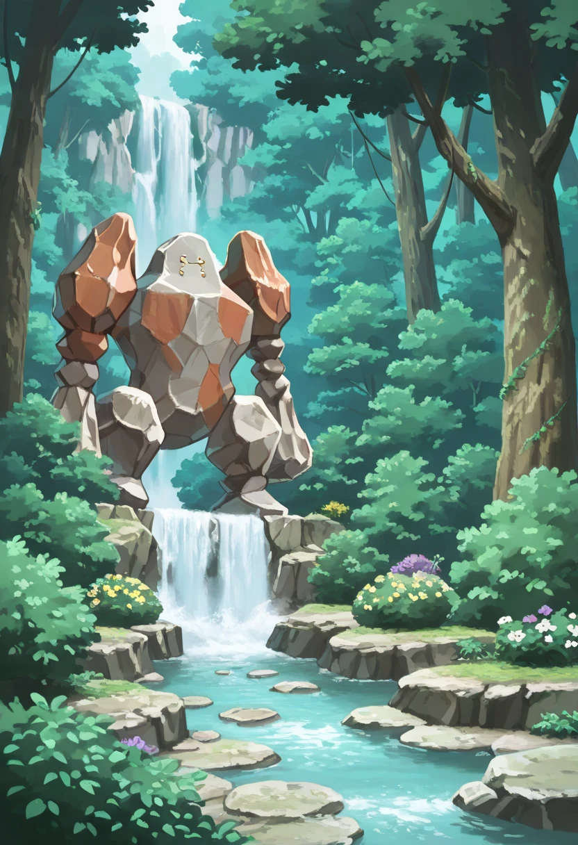 masterpiece, best quality, solo,  <lora:RegirockPokedex_IXL:1.0>, zzRegirock,, solo, outdoors, purple flower, sleeping, stepping stones, tree, white flower, yellow flower, closed mouth, closed eyes, plant, bush, waterfall, river, forest,