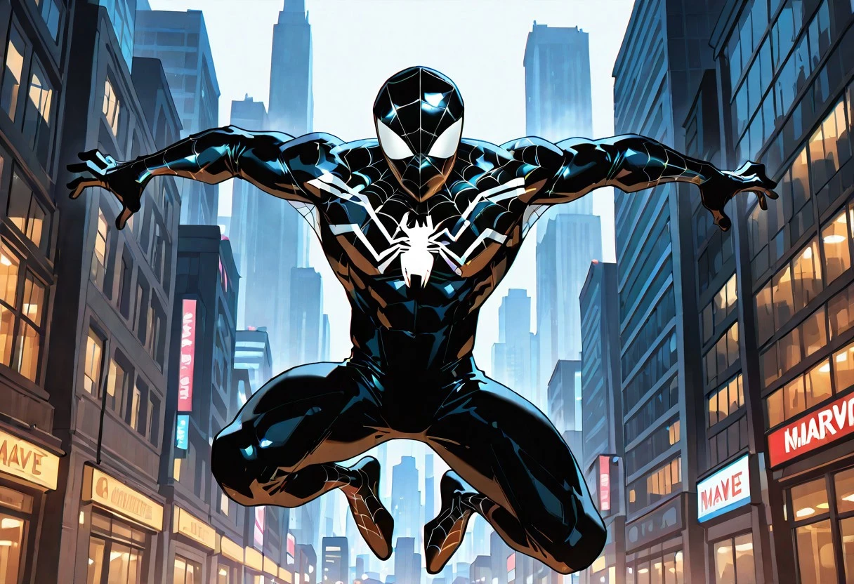 Spectacularsymb_spider/(marvel)IL, , blacksuit, mask, spiderprint, muscular, 1boy, solo, muscular,
front view, superhero pose, jumping,
masterpiece, best quality, amazing quality, very aesthetic, highres, absurdres
night, city,
4k, best quality, highly detailed, lights details, high resolution, high quality, perfect quality, vivid color, vibrant, highly detailed,