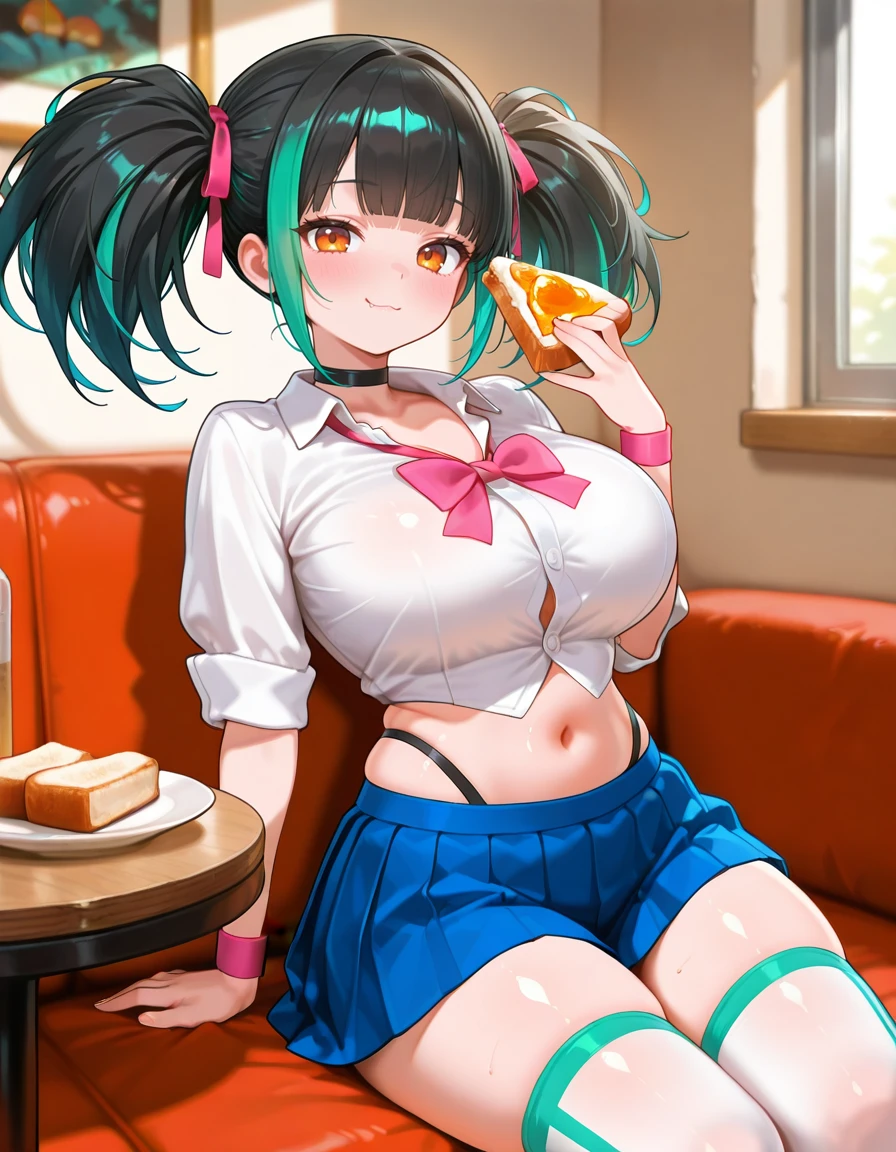 <lora:PadMenoa_SDXL_Illustrious01_fp16_ver03:1>,PadMenoaSchool,(general),1girl,multicolored hair,black hair, green streaked hair,blunt bangs,twintails, hair ribbon, orange eyes,black choker,pink ribbon,white shirt,wristband,navel,black panty straps, blue pleated skirt, white thighhighs, bread slice, plate,, masterpiece, best quality, very aesthetic, absurdres,<lora:detailed_hands:1>,hand