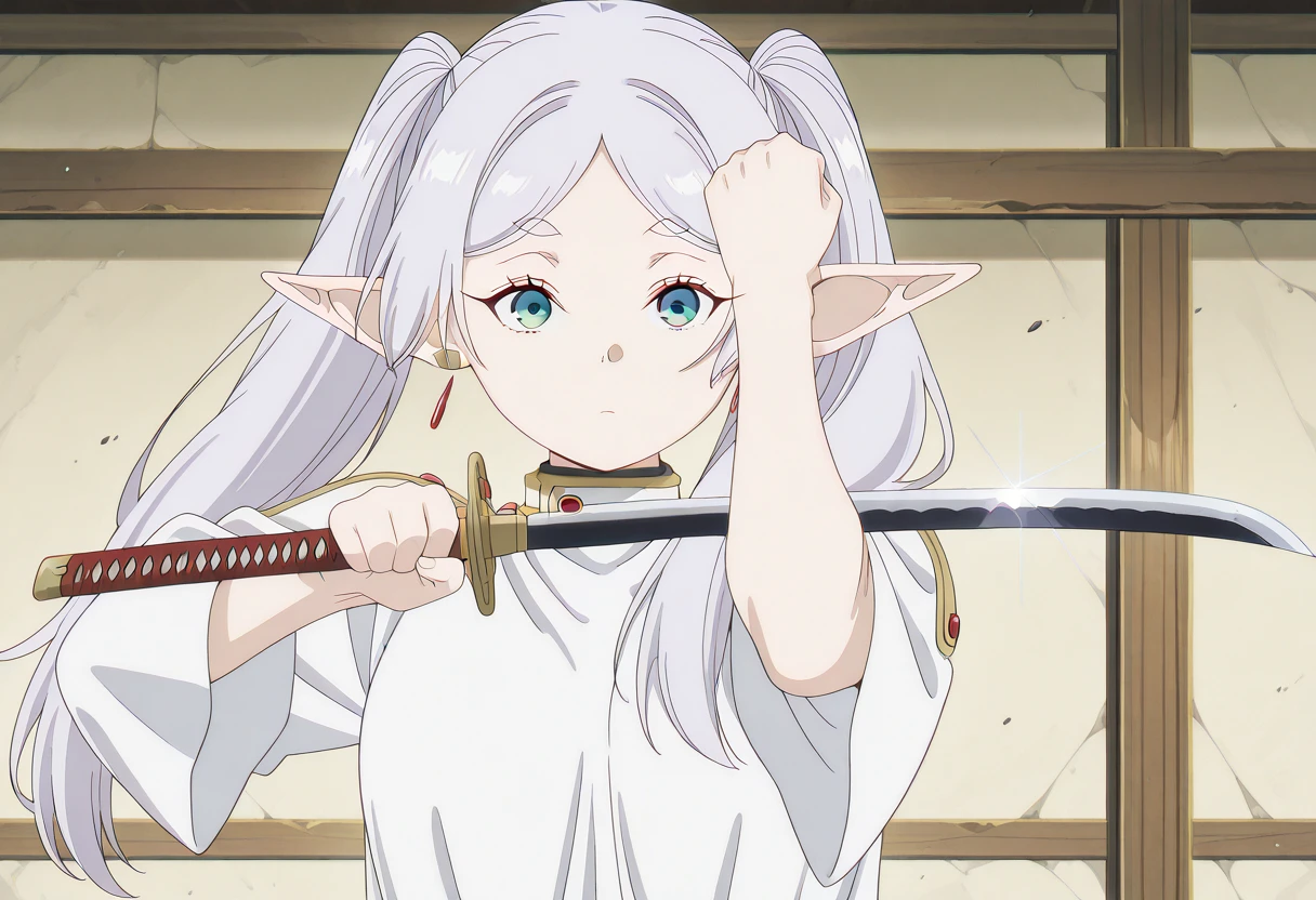 masterpiece, best quality, amazing quality,, <lora:frieren-s1-illustriousxl-lora-nochekaiser:1>, frieren, long hair, twintails, green eyes, grey hair, pointy ears, elf, mature female, small , anime screencap, <lora:jin-sakai-sword-cleaning-illustriousxl-lora-nochekaiser:1>, jin sakai sword cleaning, solo, looking at viewer, holding, upper body, weapon, sword, holding weapon, holding sword, katana, arm up, hand up, straight-on, clenched fist,, , ,