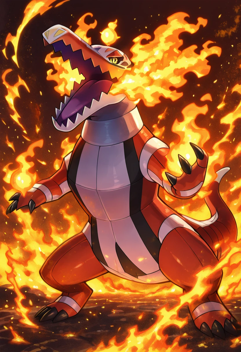 masterpiece, best quality, solo, zzSkeledirge, open mouth, standing, full body, yellow eyes, fire, claws, colored sclera, yellow sclera, embers, <lora:SkeledirgePokedex_IXL:1.0>,