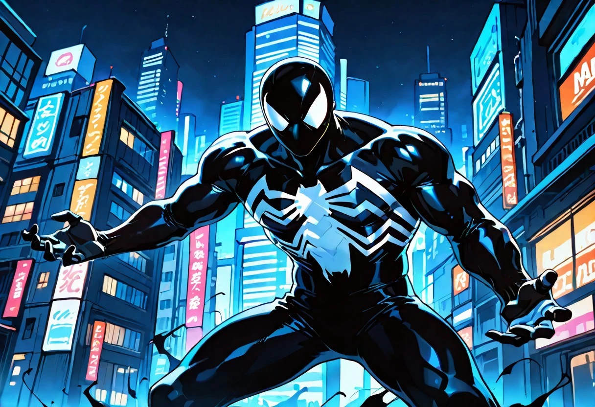 unlimitedsymb_spider/(marvel)IL. symbiote, mask, bodysuit, muscular, spiderprint, 1boy, solo, blacksuit,
front view, superhero pose,
masterpiece, best quality, amazing quality, very aesthetic, highres, absurdres
night, city,
4k, best quality, highly detailed, lights details, high resolution, high quality, perfect quality, vivid color, vibrant, highly detailed,