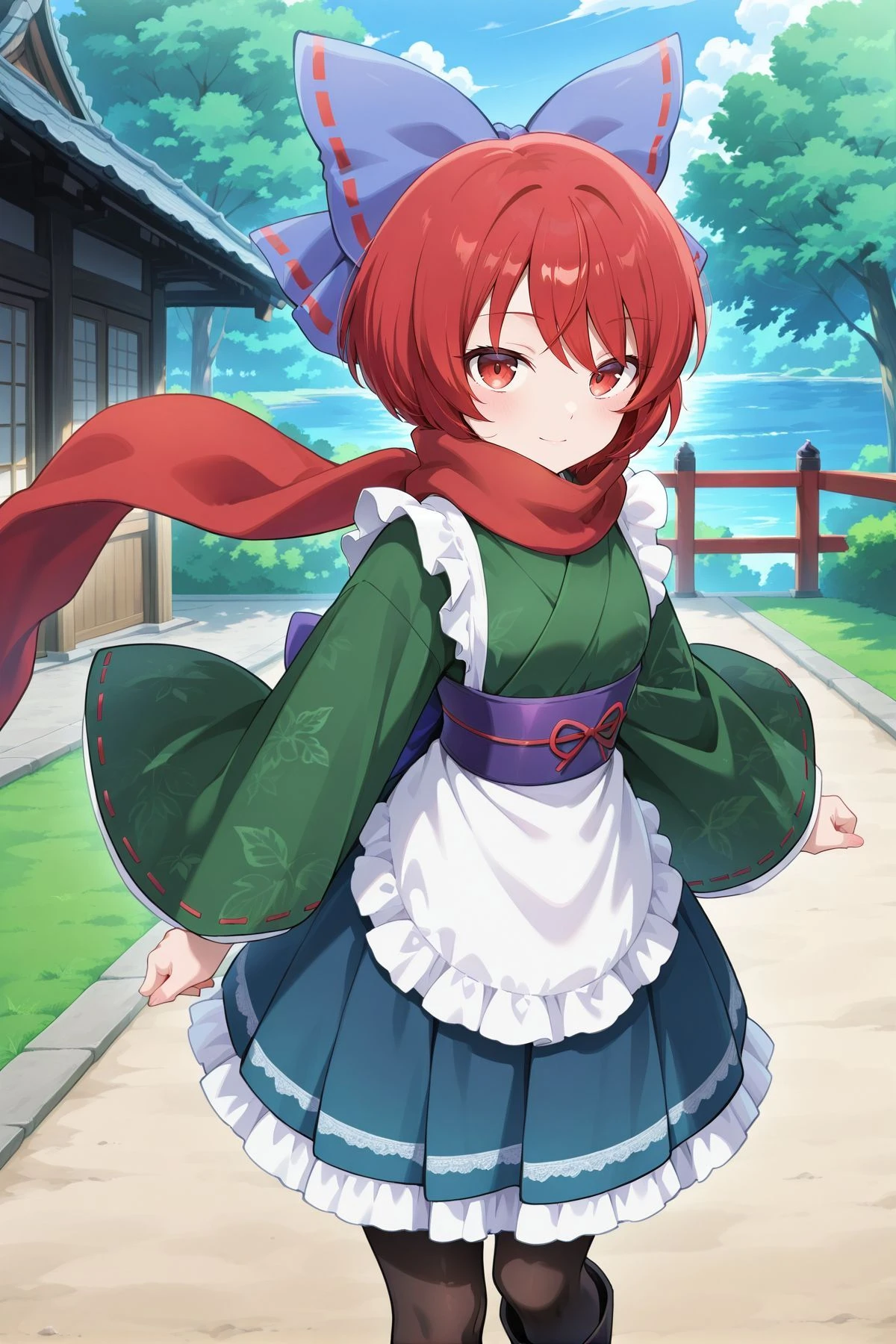 absurdres, highres, masterpiece, best quality, amazing quality, official anime artwork, screencap, anime screencap, outdoors, dynamic pose, looking at viewer, light smile, 
 <lora:Sekibanki_IllustriousV2:1> sekibanki, 1girl, solo, red eyes, red hair, short hair,, sekibanki \(obviously oseki\), alternate costume, hair bow, blue bow, wakasagihime \(cosplay\), wa maid, red scarf, green kimono, long sleeves, wide sleeves, ribbon-trimmed sleeves, waist apron, white apron, frilled apron, purple obi, red obidome, blue skirt, frilled skirt, black pantyhose, black boots,