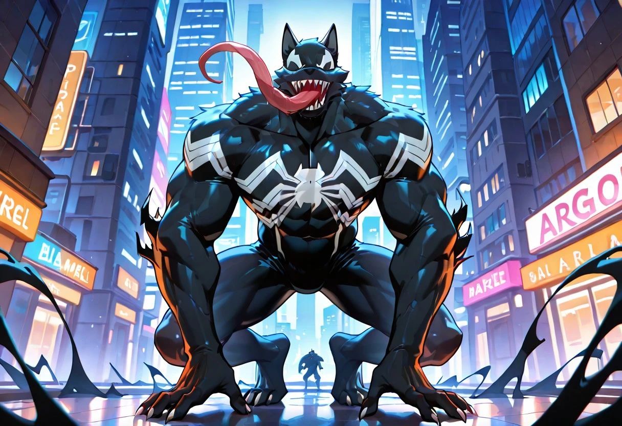 spectacular_venom/(marvel)/IL, bodysuit, blacksuit, mouth, spiderprint, muscular, 1boy, solo, sharp teeth, monsterboy, long tongue, symbiote,
ArgoIL, solo, male, anthro, wolf, muscular, bara, claws, paws
front view,
masterpiece, best quality, amazing quality, very aesthetic, highres, absurdres
night, city,
4k, best quality, highly detailed, lights details, high resolution, high quality, perfect quality, vivid color, vibrant, highly detailed,