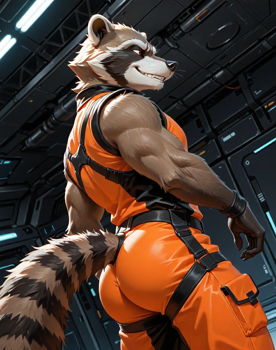 BREAK: very awe, aesthetically pleasing, masterpiece, best quality, absurd details, in'ei, natural shading, soft shading, flat color shading,
<lora:RocketRaccoonOrange_(Marvel_Comics)_(Illustrious)_(AD):1> RocketRaccoonOrange, muscular, orange, 
exterior, spaceport, simple anime background, simple ceiling, dark background,
BREAK:
dutch angle, solo, ((dynamic action, dynamic expression, ):1.15), standing, cowboy shot, ((  side view, , ):1.25),
((
no humans, male focus, soft glow, raccoon anthro, orange outfit, smirk, ((    )),
 male physique, strongman , perfect proportions,
)),
BREAK: lazypos (4),