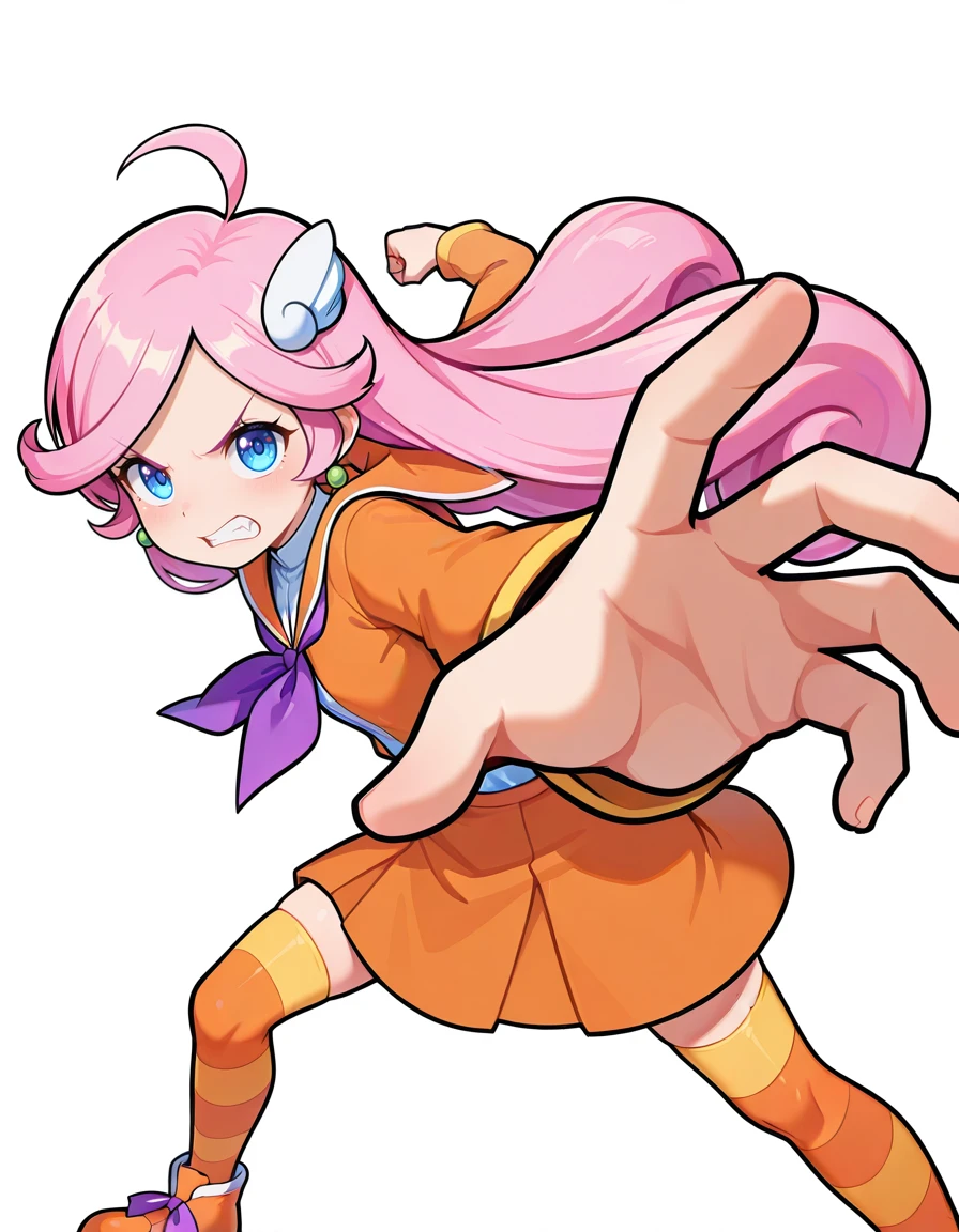 <lora:PRaffina_SDXL_Illustrious11_fp16_ver01:1>,PRaffina, 1girl,pink hair,ahoge,blue eyes,long hair,hair ornament,earrings,orange sailor collar, purple bow,orange sailor collar,orange skirt, striped thighhighs, orange footwear, <lora:pepe_punch_untagged_illust:1>,pepe punch, looking at viewer, incoming attack, incoming punch, clenched hand,angry, clenched teeth,, masterpiece, best quality, very aesthetic, absurdres,<lora:detailed_hands:1>,hand