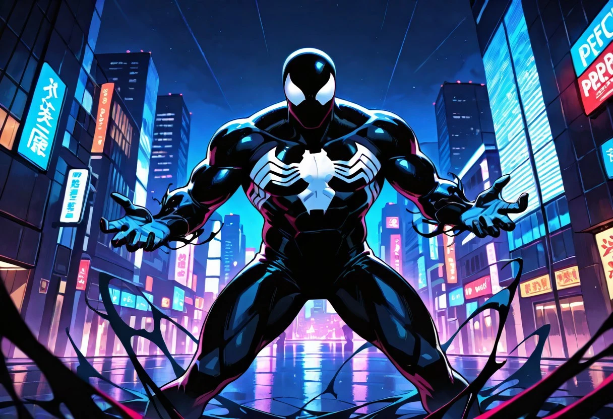 tasspidersymbIL/(marvel)/, symbiote, , blacksuit, mask, spiderprint, whiteprint, muscular, 1boy, solo,
front view, superhero pose,
4k, best quality, highly detailed, lights details, high resolution, high quality, perfect quality
masterpiece, best quality, amazing quality, very aesthetic, highres, absurdres
night, city,
4k, best quality, highly detailed, lights details, high resolution, high quality, perfect quality, vivid color, vibrant, highly detailed,