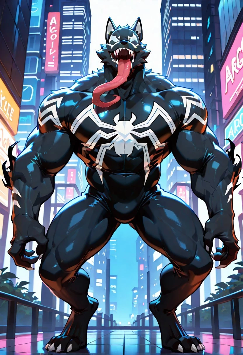 spectacular_venom/(marvel)/IL, bodysuit, blacksuit, mouth, spiderprint, muscular, 1boy, solo, sharp teeth, monsterboy, long tongue, symbiote,
ArgoIL, solo, male, anthro, wolf, muscular, bara, claws, paws
front view,
masterpiece, best quality, amazing quality, very aesthetic, highres, absurdres
night, city,
4k, best quality, highly detailed, lights details, high resolution, high quality, perfect quality, vivid color, vibrant, highly detailed,