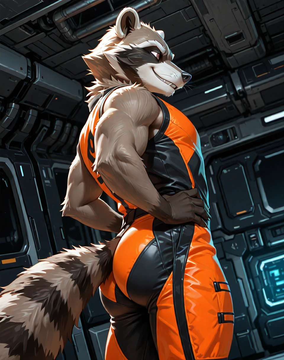 BREAK: very awe, aesthetically pleasing, masterpiece, best quality, absurd details, in'ei, natural shading, soft shading, flat color shading,
<lora:RocketRaccoonOrange_(Marvel_Comics)_(Illustrious)_(AD):1> RocketRaccoonOrange, muscular, orange, 
exterior, spaceport, simple anime background, simple ceiling, dark background,
BREAK:
dutch angle, solo, ((dynamic action, dynamic expression, ):1.15), standing, cowboy shot, ((  hands on , side view, , ):1.25),
((
no humans, male focus, soft glow, raccoon anthro, orange outfit, smirk, ((    )),
 male physique, strongman , perfect proportions,
)),
BREAK: lazypos (4),
