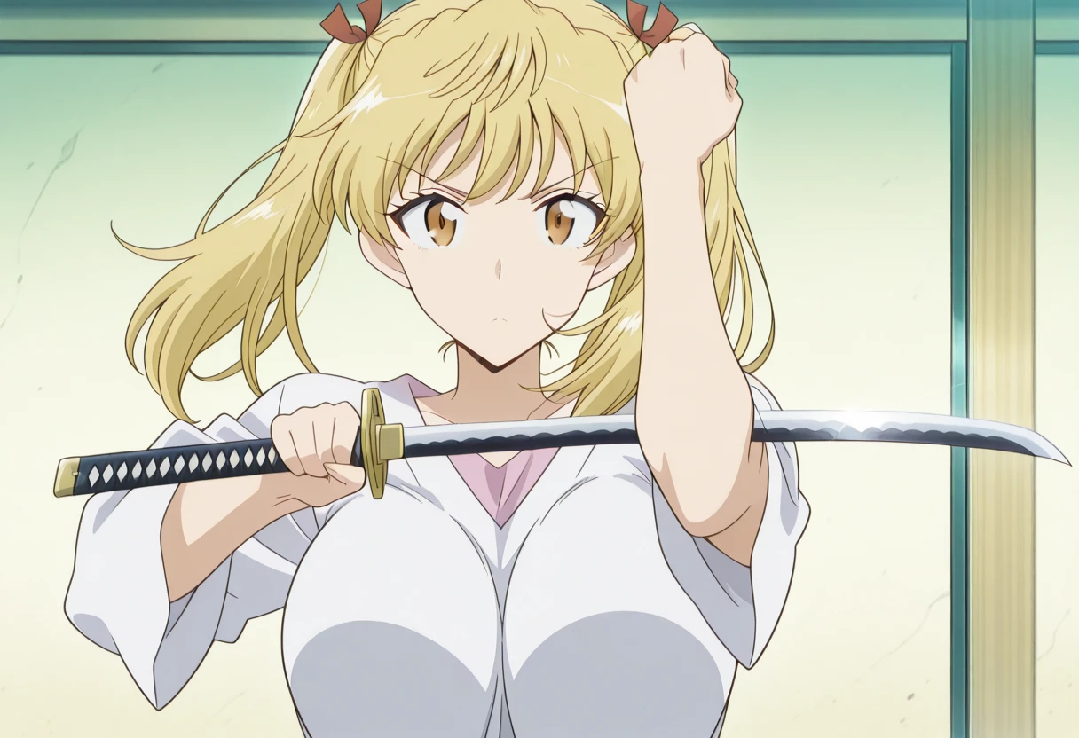 masterpiece, best quality, amazing quality,, <lora:eri-sawachika-s2-illustriousxl-lora-nochekaiser:1>, eri sawachika, medium hair, yellow hair, twintails, brown eyes, , mature female, anime screencap,, <lora:jin-sakai-sword-cleaning-illustriousxl-lora-nochekaiser:1>, jin sakai sword cleaning, solo, looking at viewer, holding, upper body, weapon, sword, holding weapon, holding sword, katana, arm up, hand up, straight-on, clenched fist,, , ,