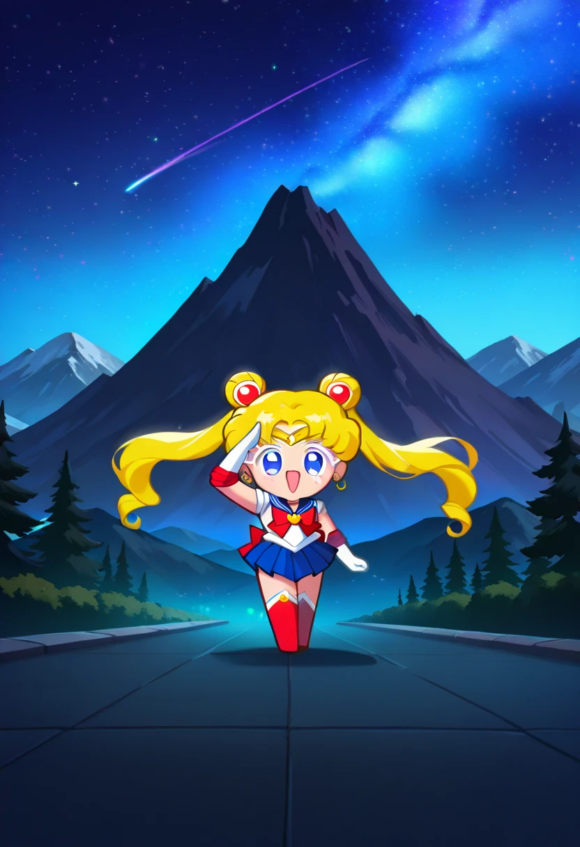 (masterpiece),(best quality),(ultra-detailed),very aesthetic,absurdres, newest,scenery, solo,
<lora:Cookie_Run_Kingdom_Splash_Art_style:1> chibi, crkspl
moon, outdoors, night, mountain, stars
open mouth, happy, salute, standing
(female focus:1.4), (full body:1.6)
1girl, sailor moon, tsukino usagi, bishoujo senshi sailor moon, blonde hair, twintails
looking at viewer
white eyelashes
no nose
no pupils