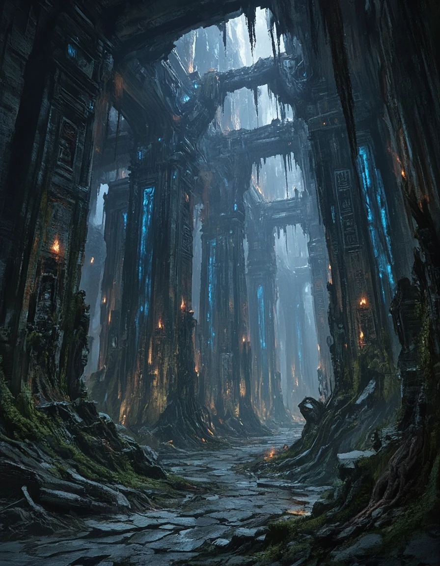 <lora:MW_Dwarven_p1flux:1> MWD01D, crumbled ground, lost forgotten ambiance, E07, black, very dark, low angle view, futurist, dusty, uneven rock ceiling, faint blue light seeping from blue fire torches, slipery pathway along an endless foggy precipice, insanely detailed, carved brutal columns with ancient symbols and dwarven ornaments, very wet, humid, moss hanging, dead vegetation, roots,