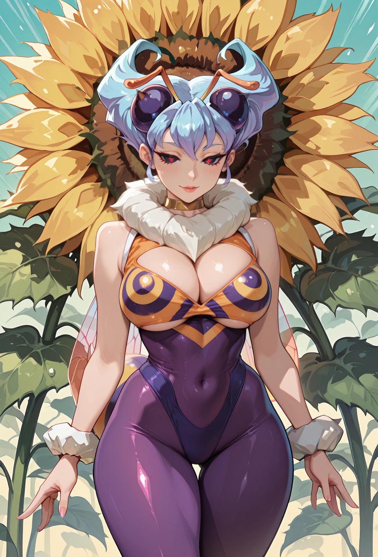 embedding:Stable_Yogis_PDXL_Positives, embedding:Stable_Yogis_PDXL_Positives2, embedding:lazypos, embedding:F4st, embedding:cr1sp, 1girl, Q-Bee (darkstalkers), deep cleavage, underboob, bare midriff, gold choker with spike diamonds, thigh gap, side view, 3:4, centered, dynamic background, giant sunflower in background,bold outlines, crisp lines, detailed, vibrant, solo, clean composition, smooth shading, soft highlights, clear facial features, bright lighting, colorful outfit, sharp eyes, expressive pose
,,