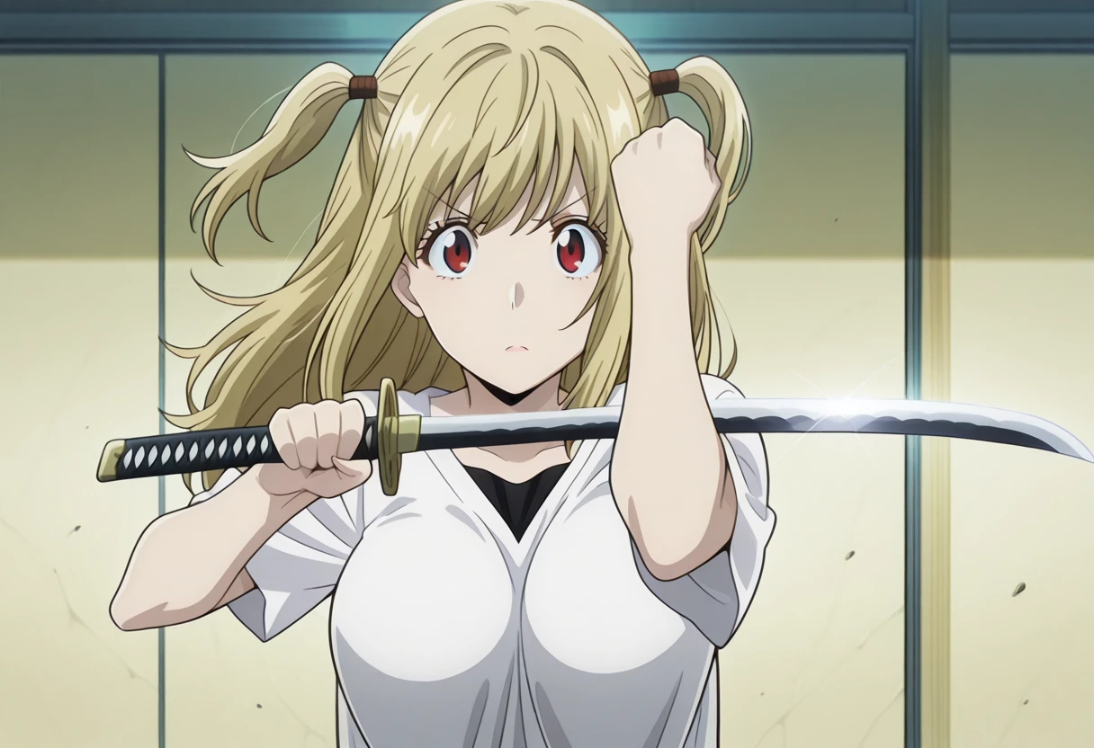 masterpiece, best quality, amazing quality,, <lora:misa-amane-anime-illustriousxl-lora-nochekaiser:1>, misa amane, long hair, blonde hair, red eyes, two side up, mature female, medium breasts, anime screencap,, <lora:jin-sakai-sword-cleaning-illustriousxl-lora-nochekaiser:1>, jin sakai sword cleaning, solo, looking at viewer, holding, upper body, weapon, sword, holding weapon, holding sword, katana, arm up, hand up, straight-on, clenched fist,, , ,