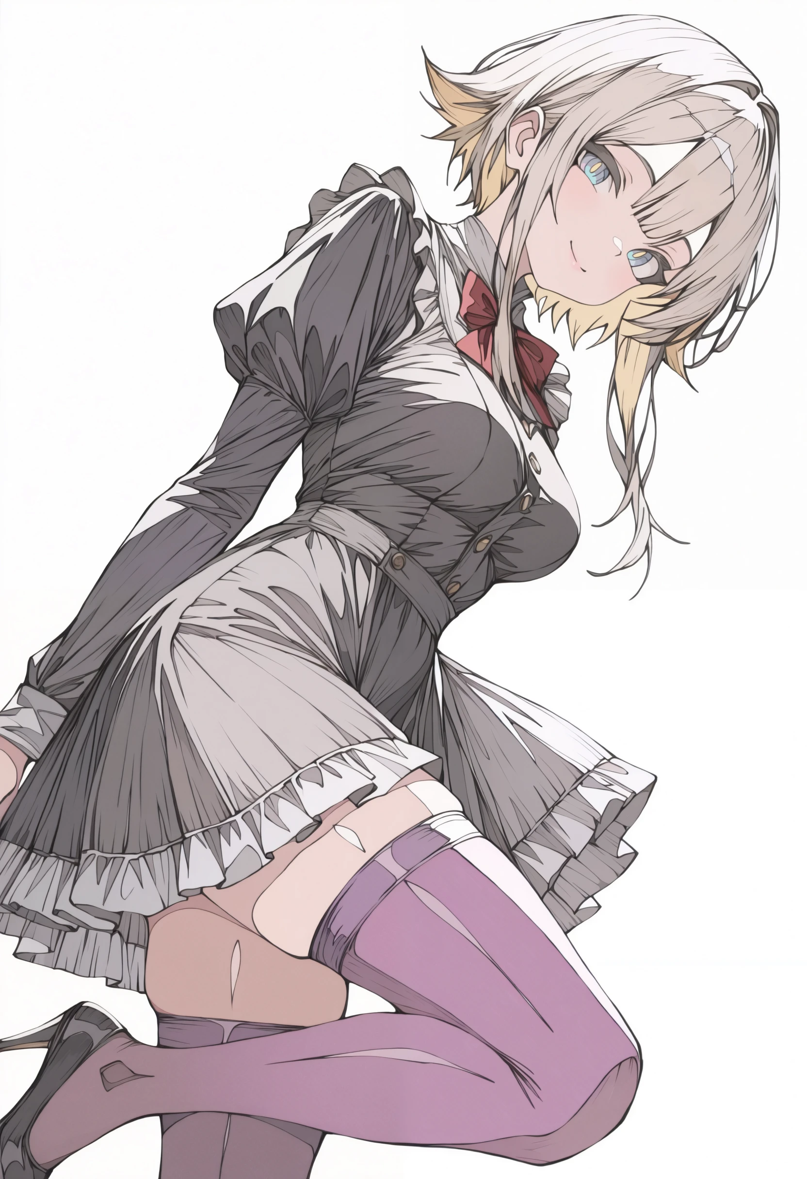 <lora:haruxxxsanekaki-illustriousXL_v01_V3-CAME-000032>, 1girl, solo, ligne claire, grey hair, yellow pupils, bowtie, medium breasts, black dress, dress, two-tone eyes, from side, breasts, colored inner hair, frills, multicolored hair, buttons, puffy sleeves, standing, split mouth, zettai ryouiki, closed mouth, frilled dre, smile, blonde hair, bow, cowboy shot, short hair with long locks, multicolored eyes, red bow, sidelocks, blue eyes, thighhighs, puffy short sleeves, standing on one leg, flipped hair, juliet sleeves, head tilt, long hair, long sleeves, red bowtie, looking at viewer, pink lips, high heels, purple thighhighs, white background,