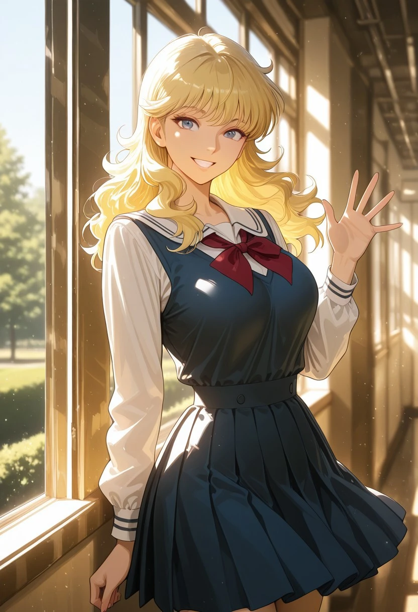 Solo,score_9, score_8_up, score_7_up, , best quality, masterpiece, full color, 1girl, long hair, blonde hair, , big breasts, dress, smile, school uniform, , , , blue eyes,   , looking at viewer, in a school, sunny day, saint Seiya style ,, realistic, high quality, best quality, absurdres, joyful, waving, grin