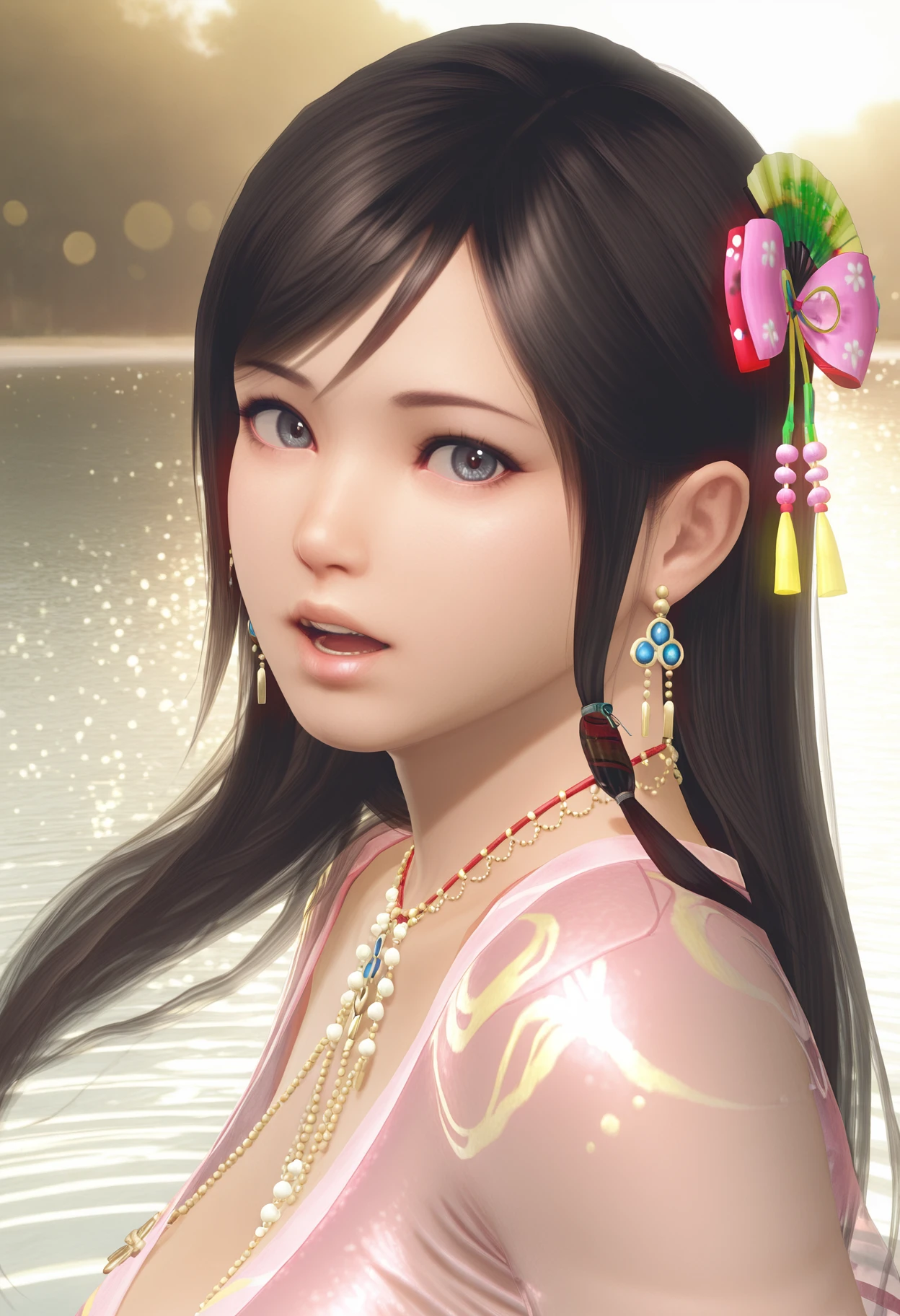 masterpiece,best quality,amazing quality,absurdres,aesthetic,newest,realistic, kokoro \(doaxvv\), 1girl, solo, looking at viewer, sideways glance, open mouth, teeth, grey eyes, pink lips, black hair, long hair, swept bangs, side-tied hair, brown hair tube, blue gemstone earrings, bead necklace,folding fan kanzashi, floral print hair bow, pink see-through kimono, very close-up, from side, realistic, bokeh,volumetric lighting,outdoors,backlighting, day,sunlight,outdoors, sparkling water, glittering water, shimmering water, sunlight reflection, sun glimmer, sun glitter, wave glimmer, rippling light, dancing light, caustics, light patterns, mirror-like surface, distorted reflection, bright highlights, luminous <lora:kokoro_longhair_MakeupSapone_il2_v10:0.9> <lora:kokoro_longhair_MakeupSapone_il2_v10:0.6>