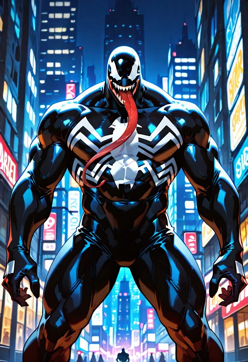 ultimatevenom/(marvel)/IL, , blacksuit, mouth, spiderprint, muscular, 1boy, solo, sharp teeth, monsterboy, long tongue,
front view, 
masterpiece, best quality, amazing quality, very aesthetic, highres, absurdres
night, city,
4k, best quality, highly detailed, lights details, high resolution, high quality, perfect quality, vivid color, vibrant, highly detailed,