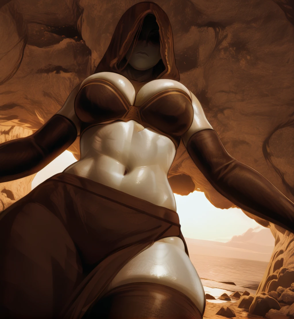 dsrcrssxl, faceless, shaded face, from below,
hood, strapless bra, elbow gloves,
cleavage, grey skin, shiny skin, skirt,
solo, thighhighs, skindentation,
cave, ocean,
<lora:DsorceressXL-12v1-iLL:0.9>,
(insanely detailed, masterpiece, best quality),
clear composition, atmospheric haze, ambient occlusion,