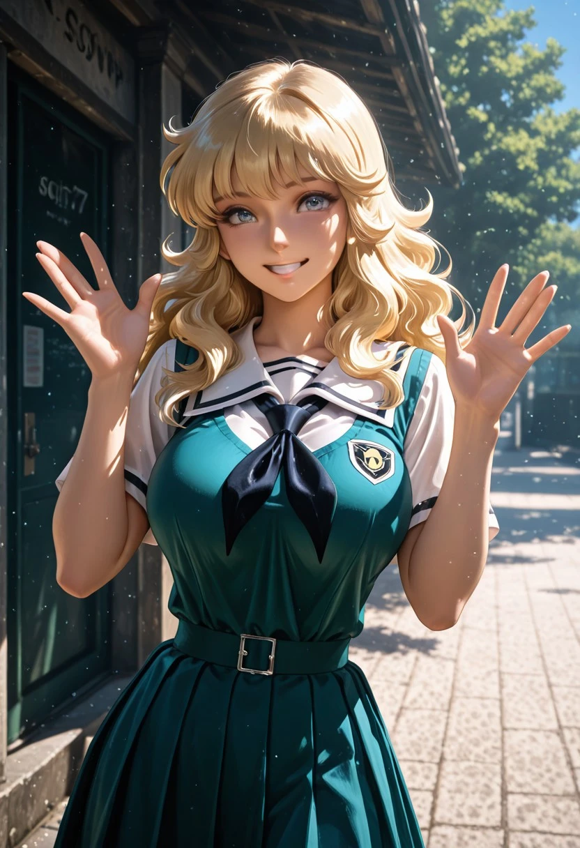 Solo,score_9, score_8_up, score_7_up, , best quality, masterpiece, full color, 1girl, long hair, blonde hair, , big breasts, dress, smile, school uniform, , , , blue eyes, , looking at viewer, in a school, sunny day, saint Seiya style ,, realistic, high quality, best quality, absurdres, joyful, waving, grin