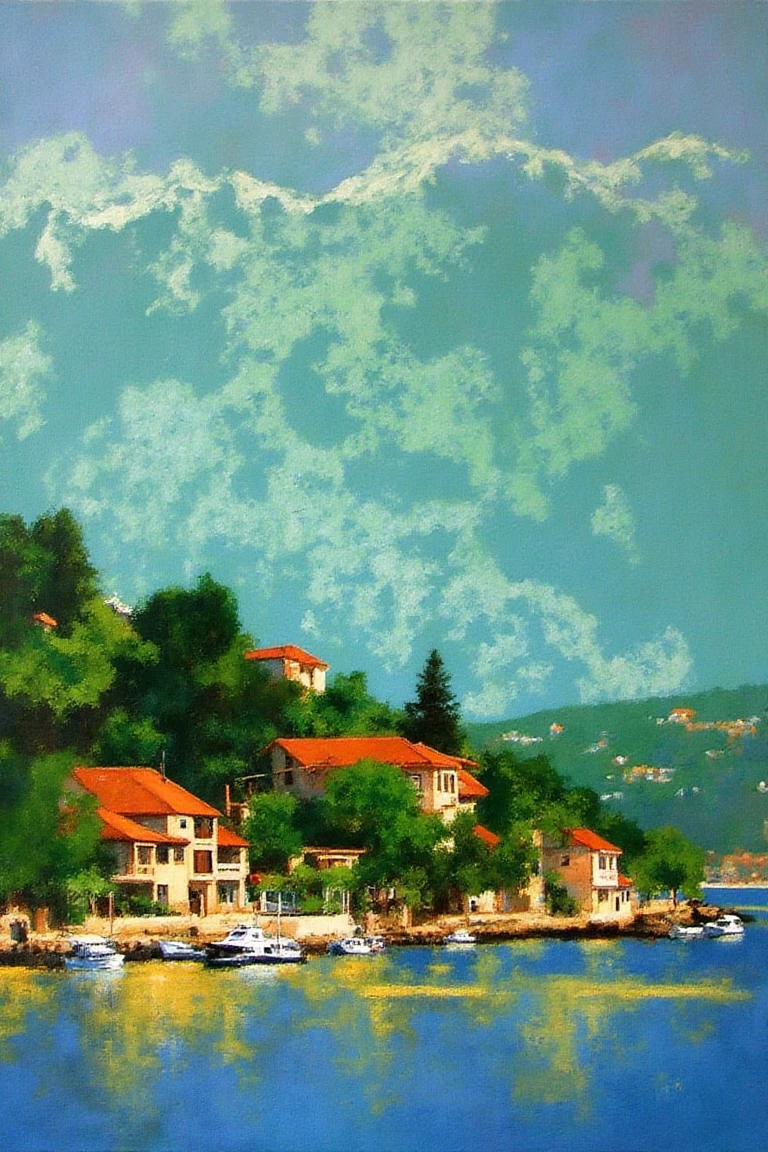 In the style of Michael Dudash, the painting depicts a coastal landscape with a village of red-roofed houses along the shore, their reflections shimmering in the calm water where boats rest quietly. Loose, expressive brushstrokes animate the blues, greens, and yellows of the scenery, with hints of purple adding depth to the distance. Above, a sky filled with soft white clouds stretches across the horizon, and the interplay of light and color creates a peaceful and serene atmosphere.