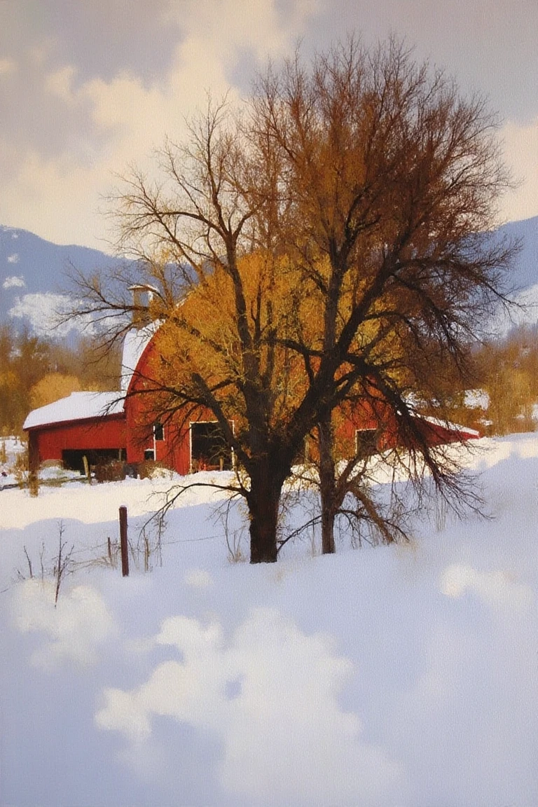 The painting in the style of Michael Dudash depicts a snowy landscape with a large bare tree in the foreground, while in the background a red barn with a sloping roof and chimney is surrounded by tall grass and shrubs, with mountains in the distance beneath a cloudy sky that creates a peaceful and serene mood, rendered in a realistic style with loose brushstrokes, dramatic lighting, and vibrant colors.,In the style of Michael Dudash