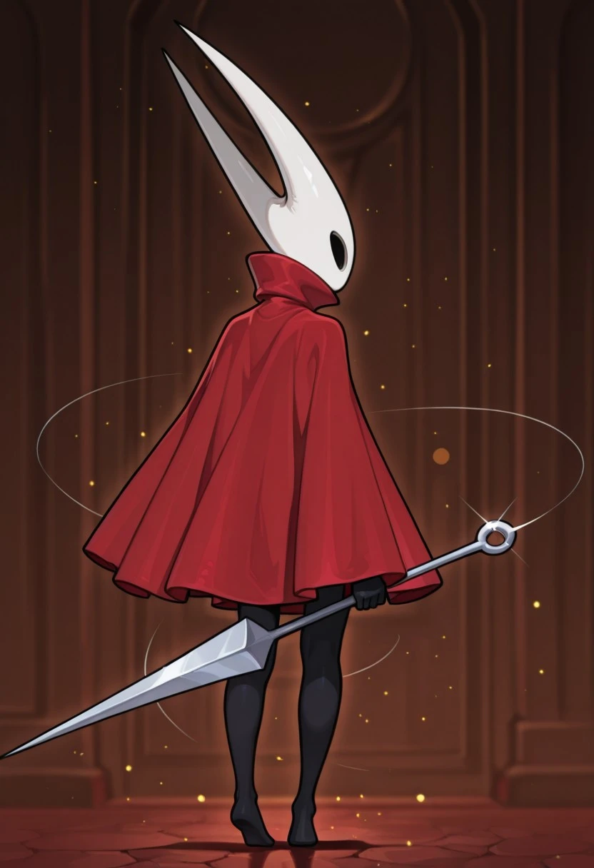 MFINMHF, black skin, hollow eyes, white face, masked face, long sharp horns, no mouth, red cloak, colored skin, insectoid, slender female, dynamic pose, from behind, looking back, looking at viewer, fullbody, standing, holding needle sword, 1girl, solo