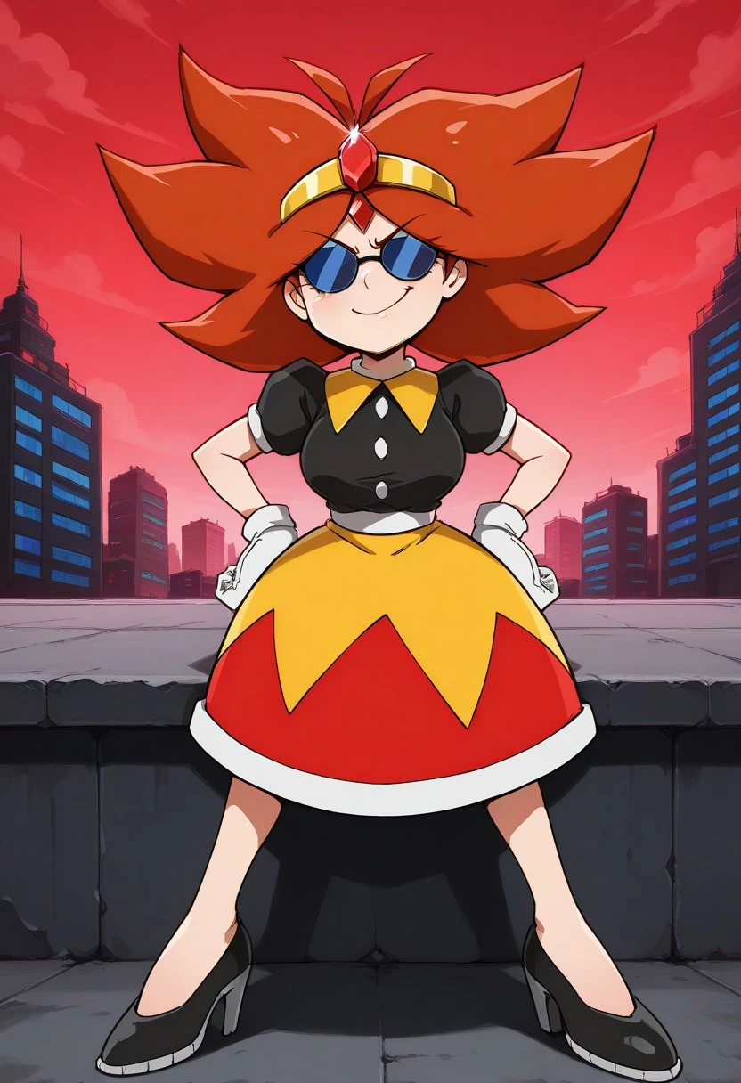 solo female, Eggette, spiky brown hair, dark blue tinted circular sunglasses, cute, yellow tiara with red gem, black shirt, white buttons, big yellow skirt with red at the end, white gloves, black heels, hands on hip, sitting, legs stretched out, smirk, medium breasts, curvy, red sky, industrial city, speed highway, pollution, (high quality, masterpiece, 4K UHD),