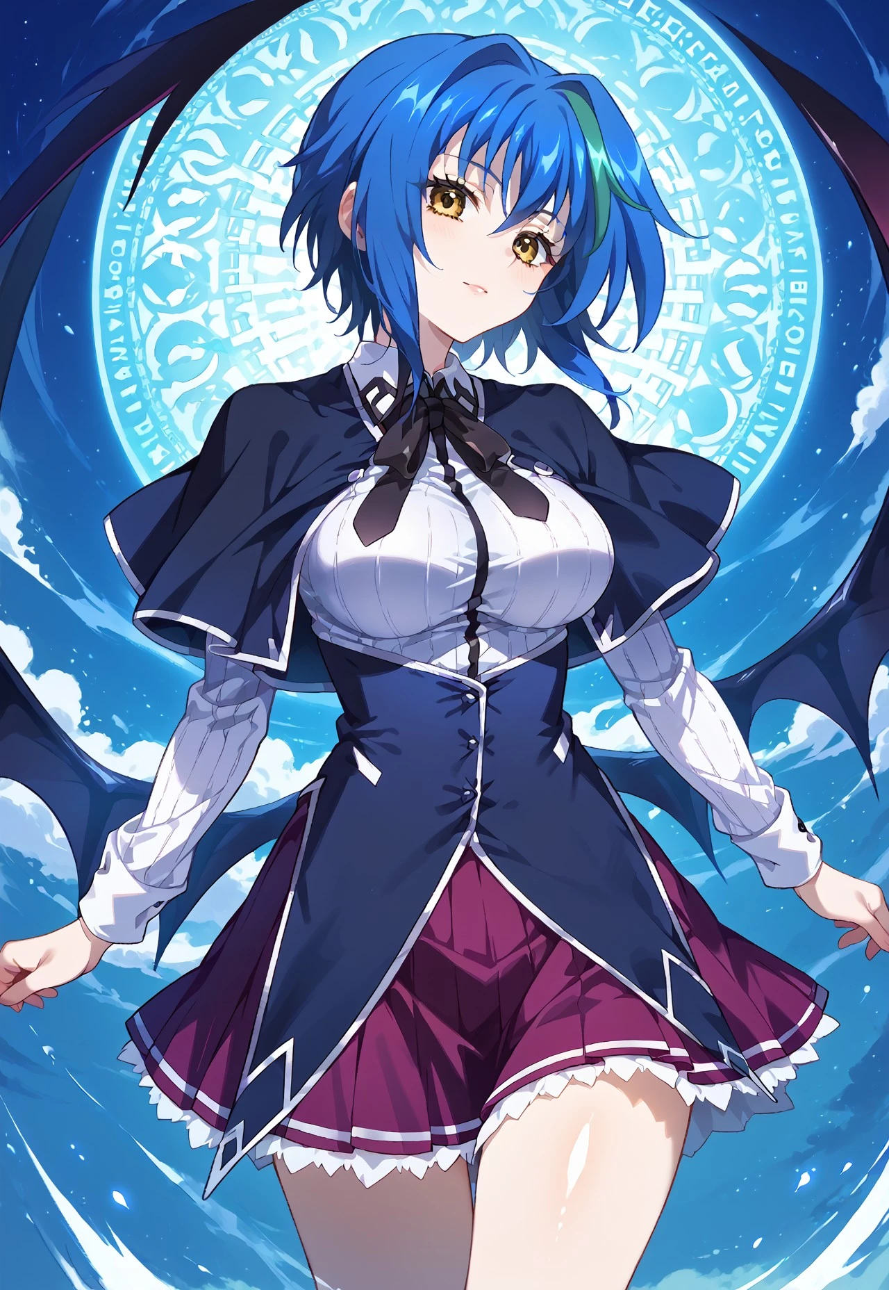 score_9, score_8_up, score_7_up,zPDXL3 ,Expressiveh, source_anime, masterpiece, very aesthetic, absurdres, sinfully stylish, dramatic lighting, soft light, long shadows, detailed, ultra-detailed, masterpiece, very aesthetic, absurdres, perfect quality, absolutely eye-catching, best quality, intricate details, high-res,anime,Haoni_Style, anime, 1girl, solo, yellow eyes, blue hair, green streaked hair, multicolored hair, short hair, bat wings, kuohacademy, school uniform, black capelet, white shirt, black ribbon, neck ribbon, long sleeves, corset, red skirt, pleated skirt,