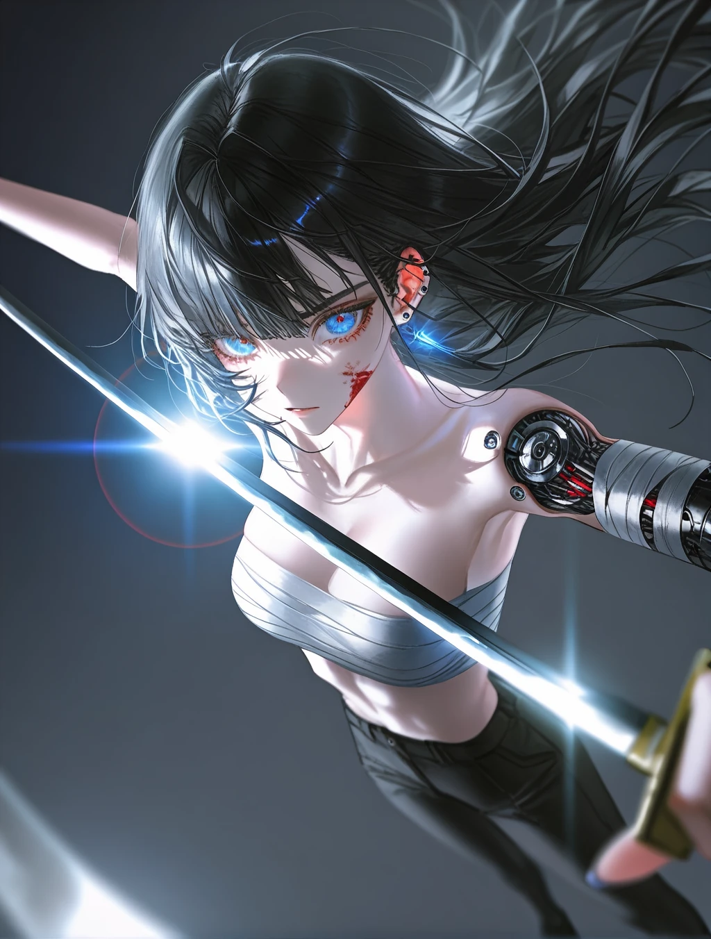 dynamic_pose, depth of field,lens flare,(artist:quasarcake:0.8),(wlop:0.6),(wanke:0.66),depth of field,muted color,masterpiece,best quality,amazing quality,very aesthetic,absurdres,newest, looking_at_viewer,close-up,HDR,ambient occlusion,ray_tracing,(perspective:1.3),dutch angle,foreshortening,Visual impact,1girl,weapon,sword,black hair,solo,katana,long hair,blood,blue eyes,breasts,sarashi,looking at viewer,earrings,bandages,piercing,ear piercing,jewelry,blood on face,bangs,mechanical parts,limited palate
